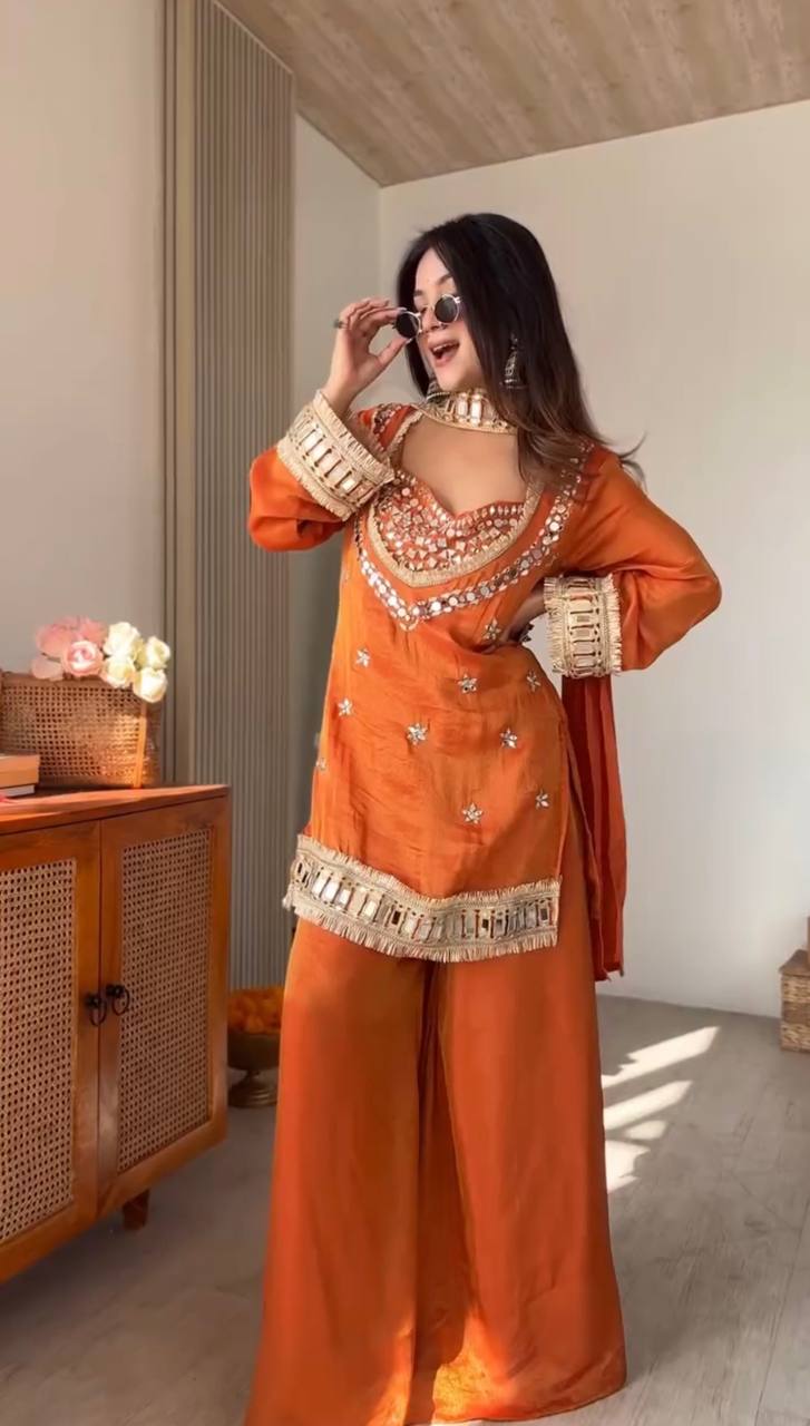 Premium Fendy Silk Mirror Work Top Sharara Set – Ready to Wear