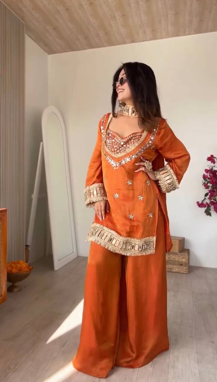 Premium Fendy Silk Mirror Work Top Sharara Set – Ready to Wear