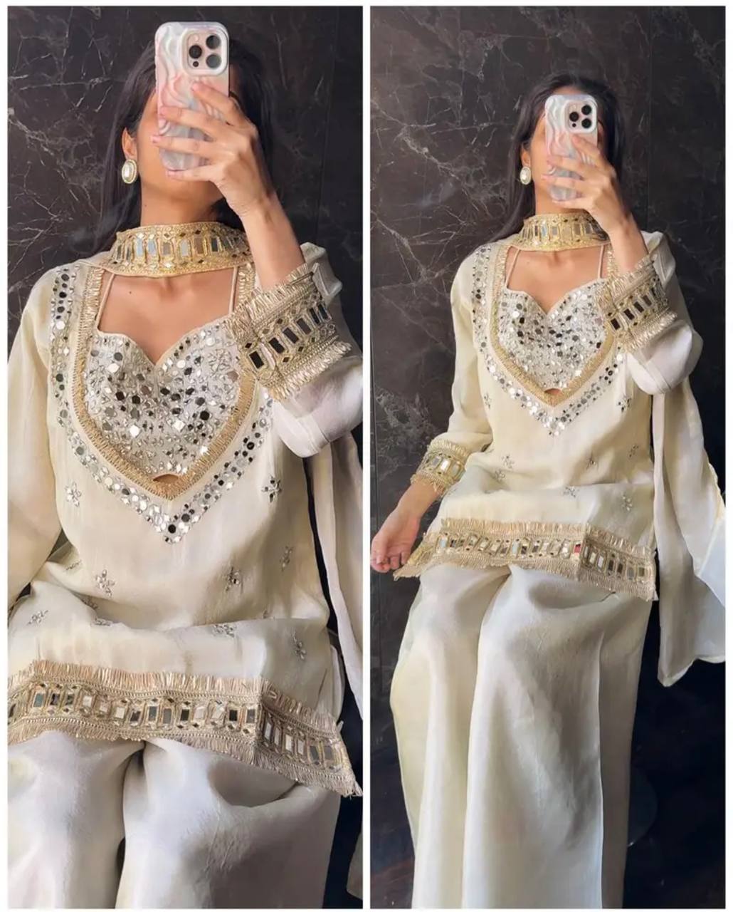 Premium Fendy Silk Mirror Work Top Sharara Set – Ready to Wear