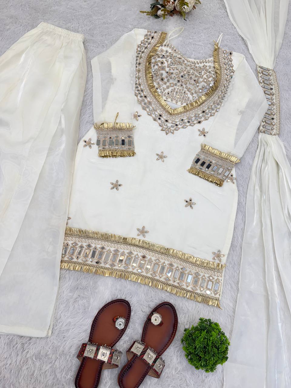 Premium Fendy Silk Mirror Work Top Sharara Set – Ready to Wear