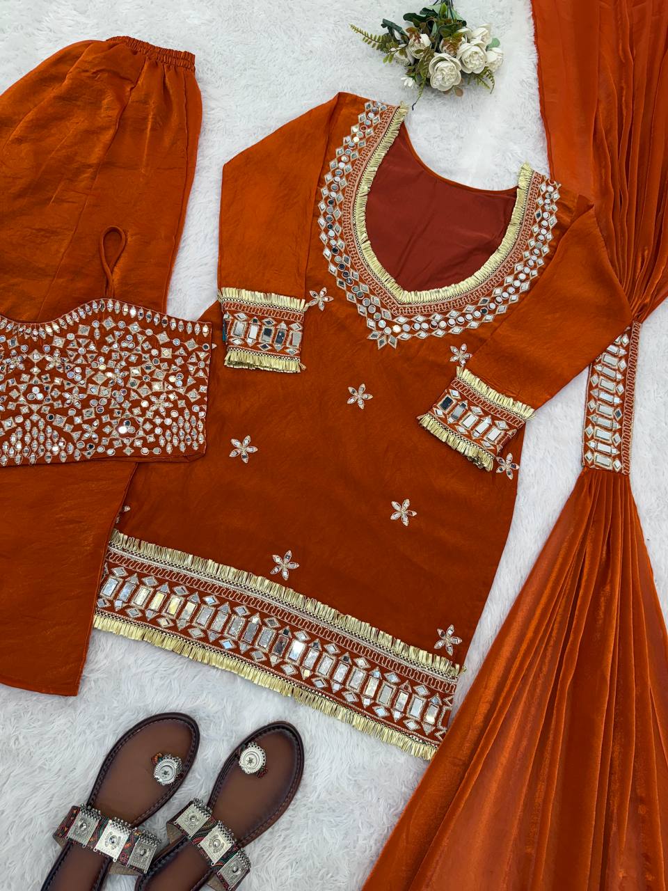 Premium Fendy Silk Mirror Work Top Sharara Set – Ready to Wear