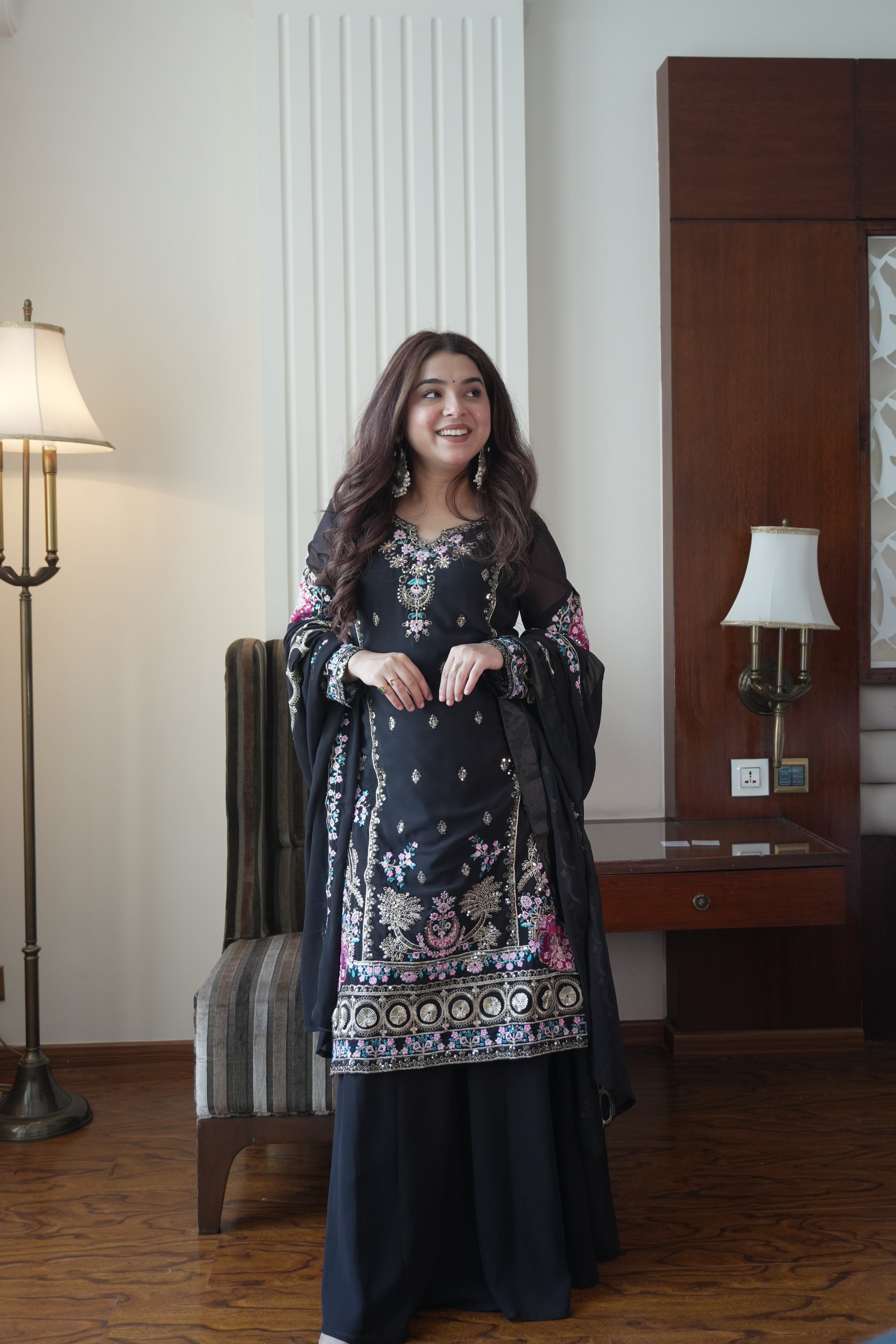 Luxury Sequence Embroidered Gown Palazzo Dupatta Set for Women