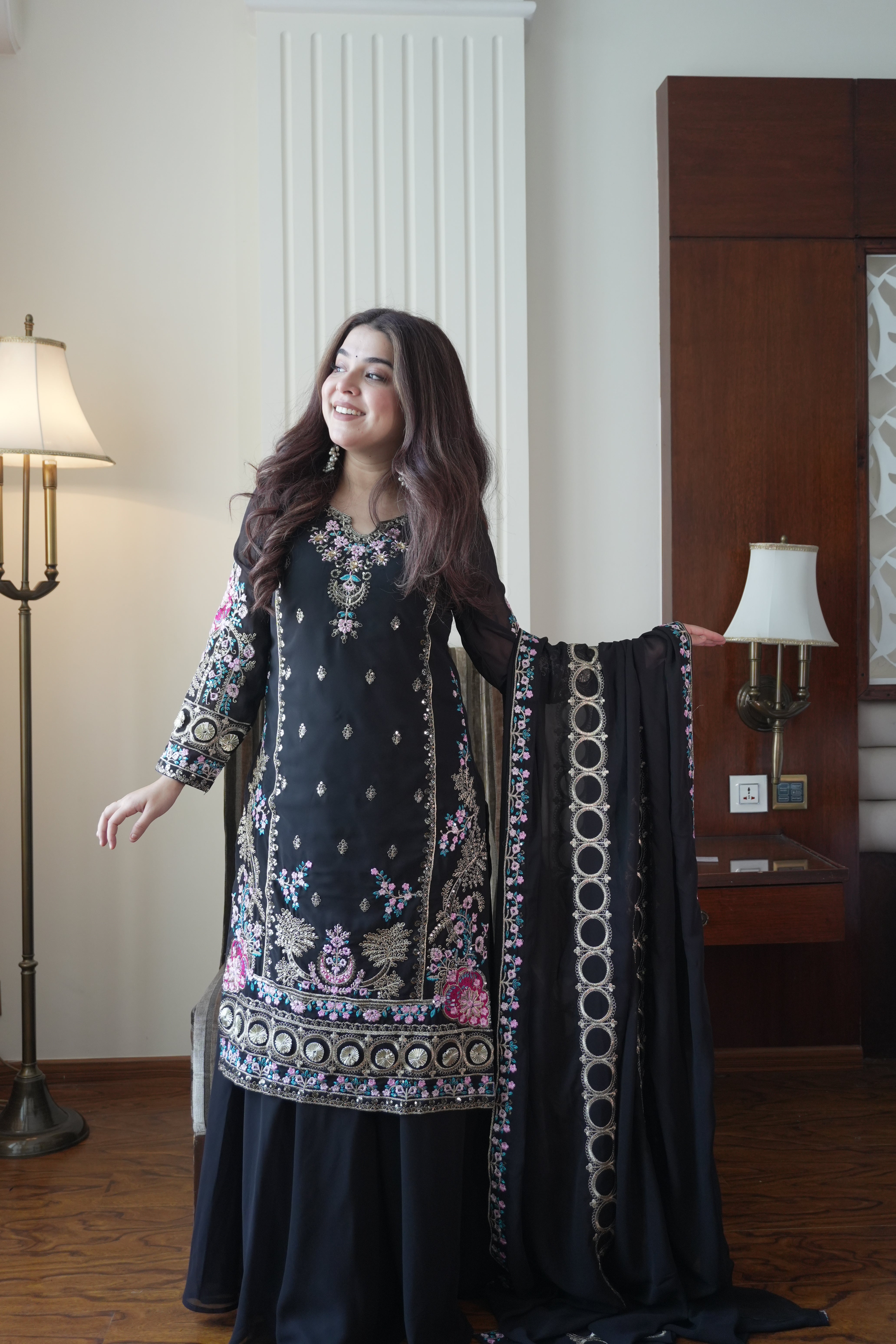 Luxury Sequence Embroidered Gown Palazzo Dupatta Set for Women