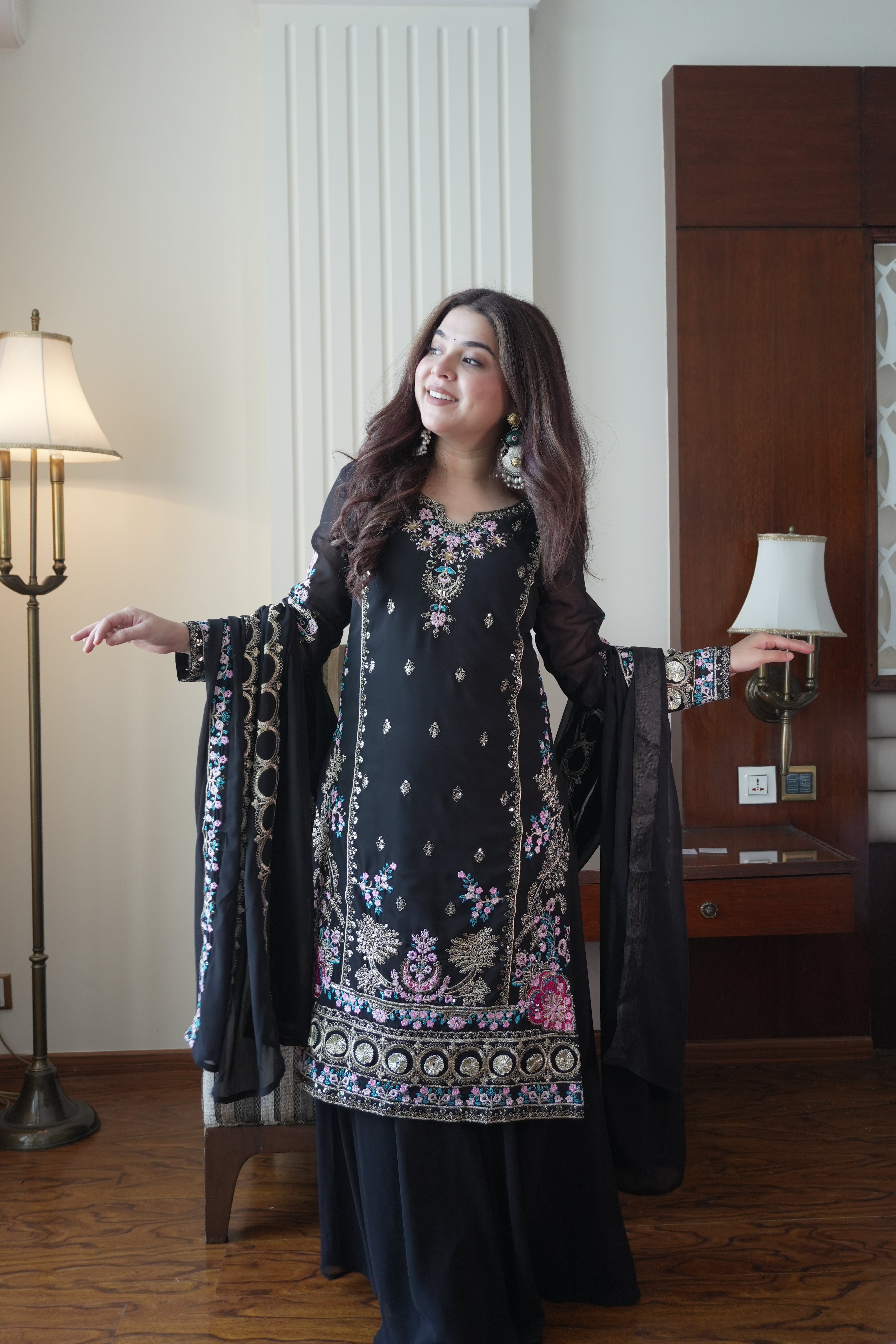Luxury Sequence Embroidered Gown Palazzo Dupatta Set for Women