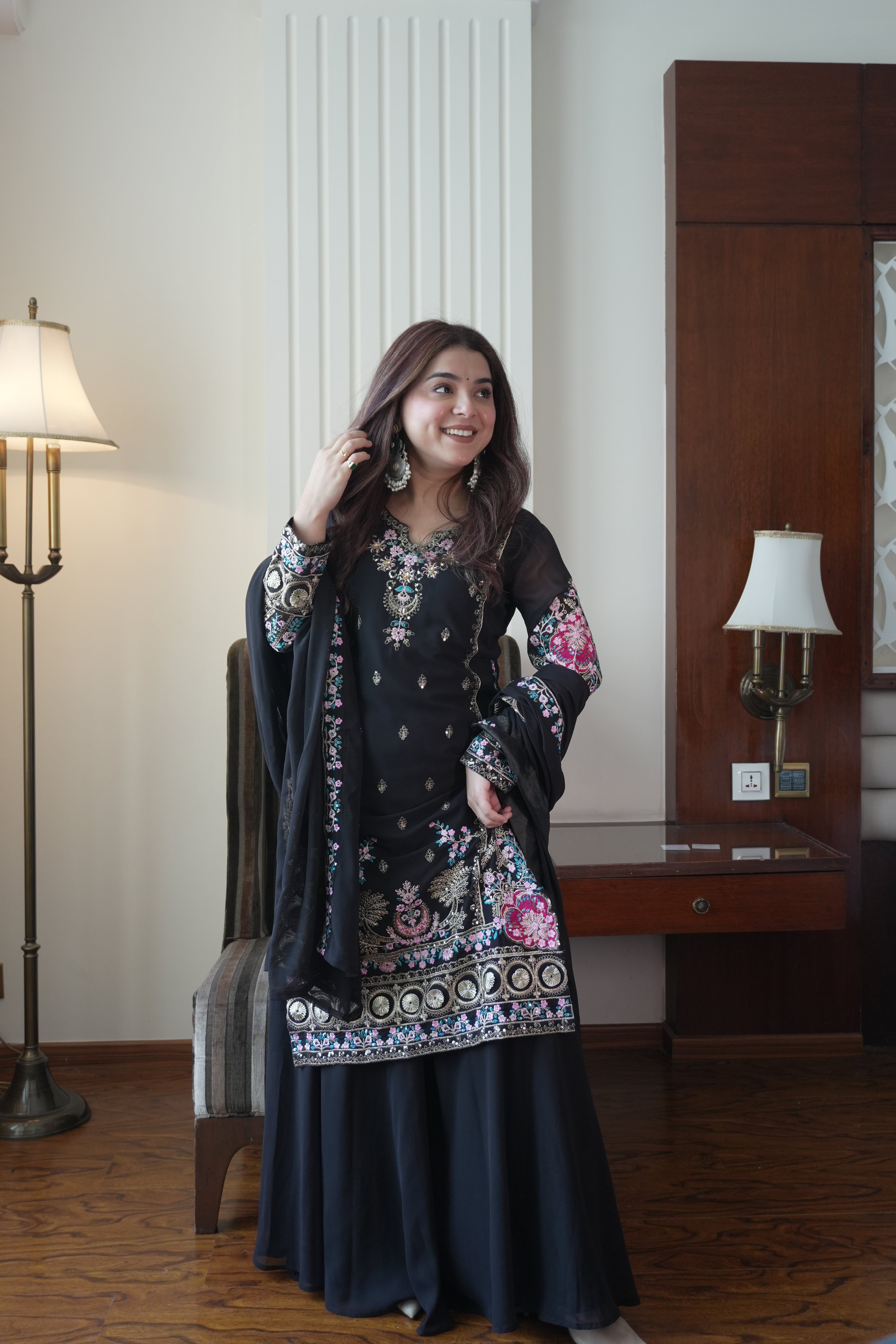 Luxury Sequence Embroidered Gown Palazzo Dupatta Set for Women