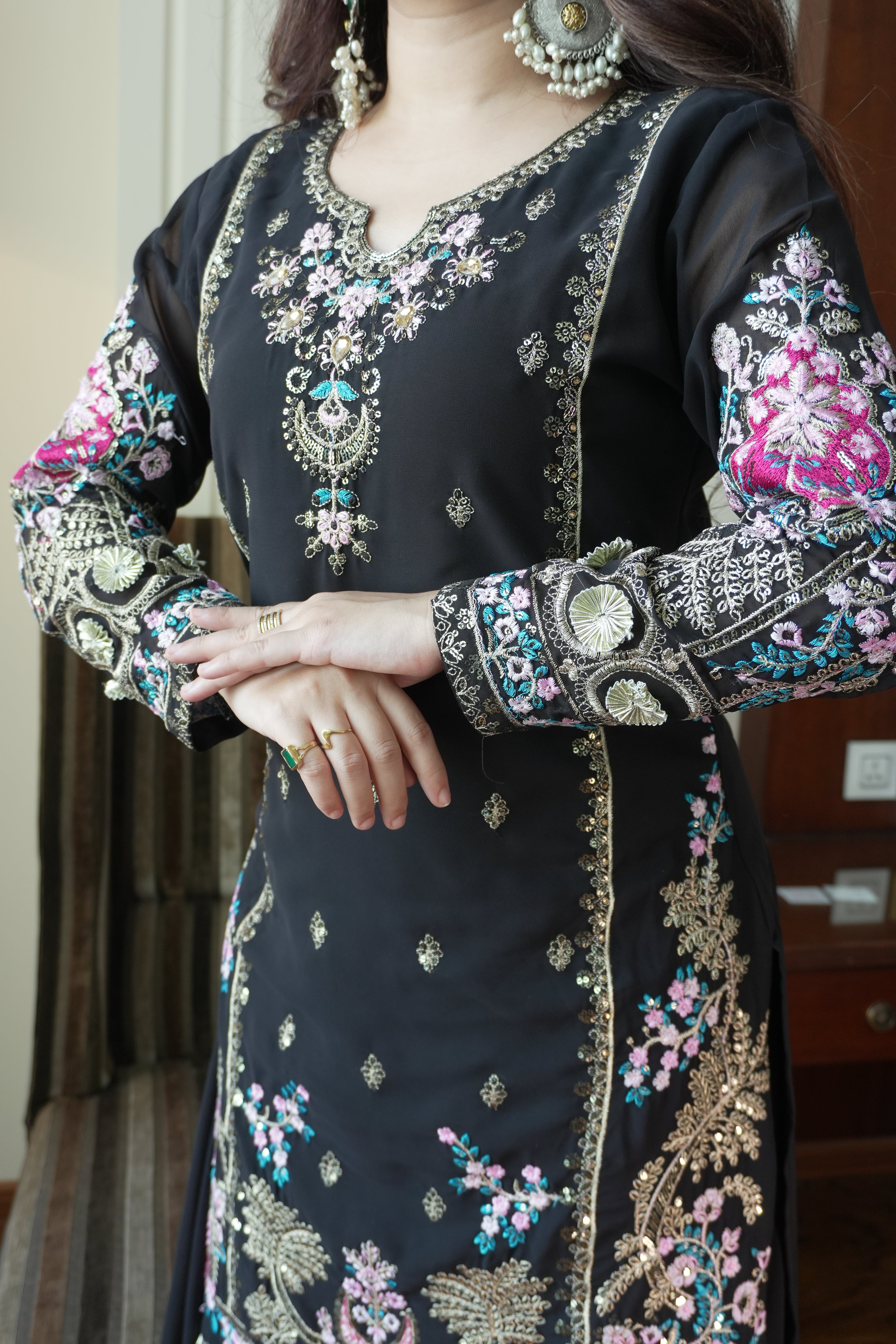 Luxury Sequence Embroidered Gown Palazzo Dupatta Set for Women