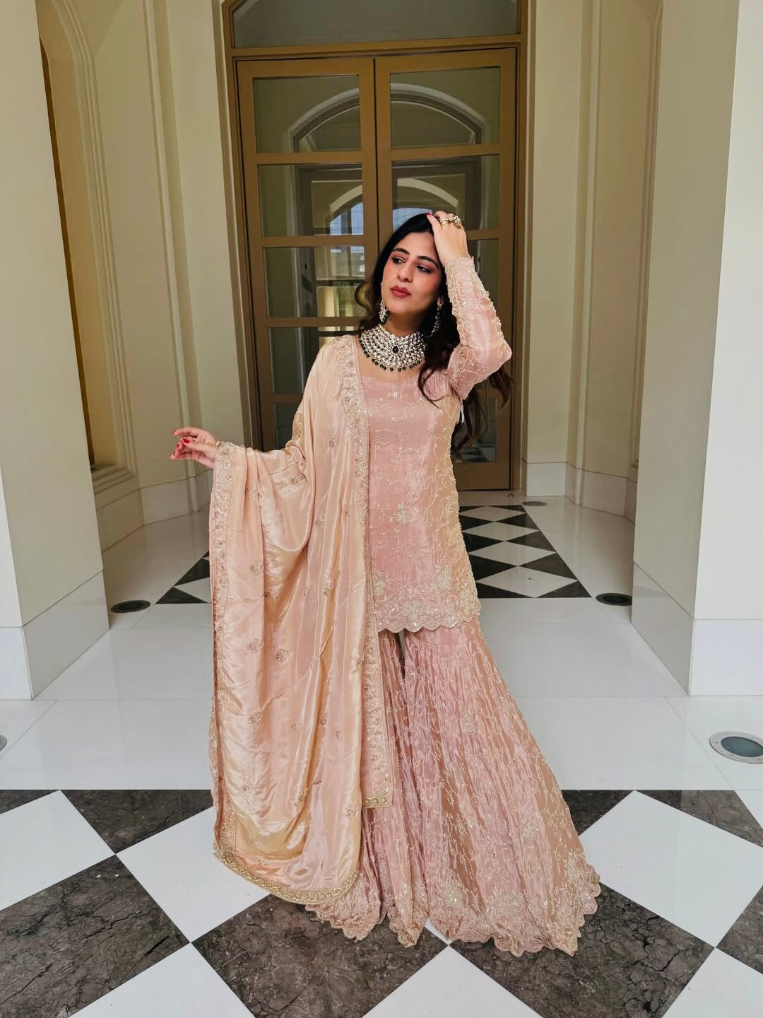 Designer Simar Silk Top Sharara Dupatta Set with Embroidery Sequence Work