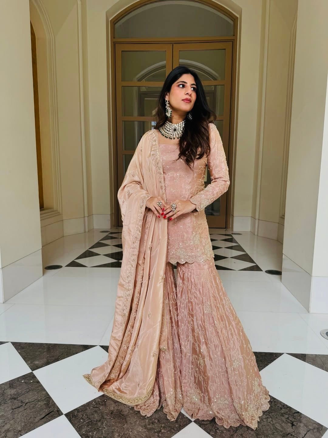 Designer Simar Silk Top Sharara Dupatta Set with Embroidery Sequence Work