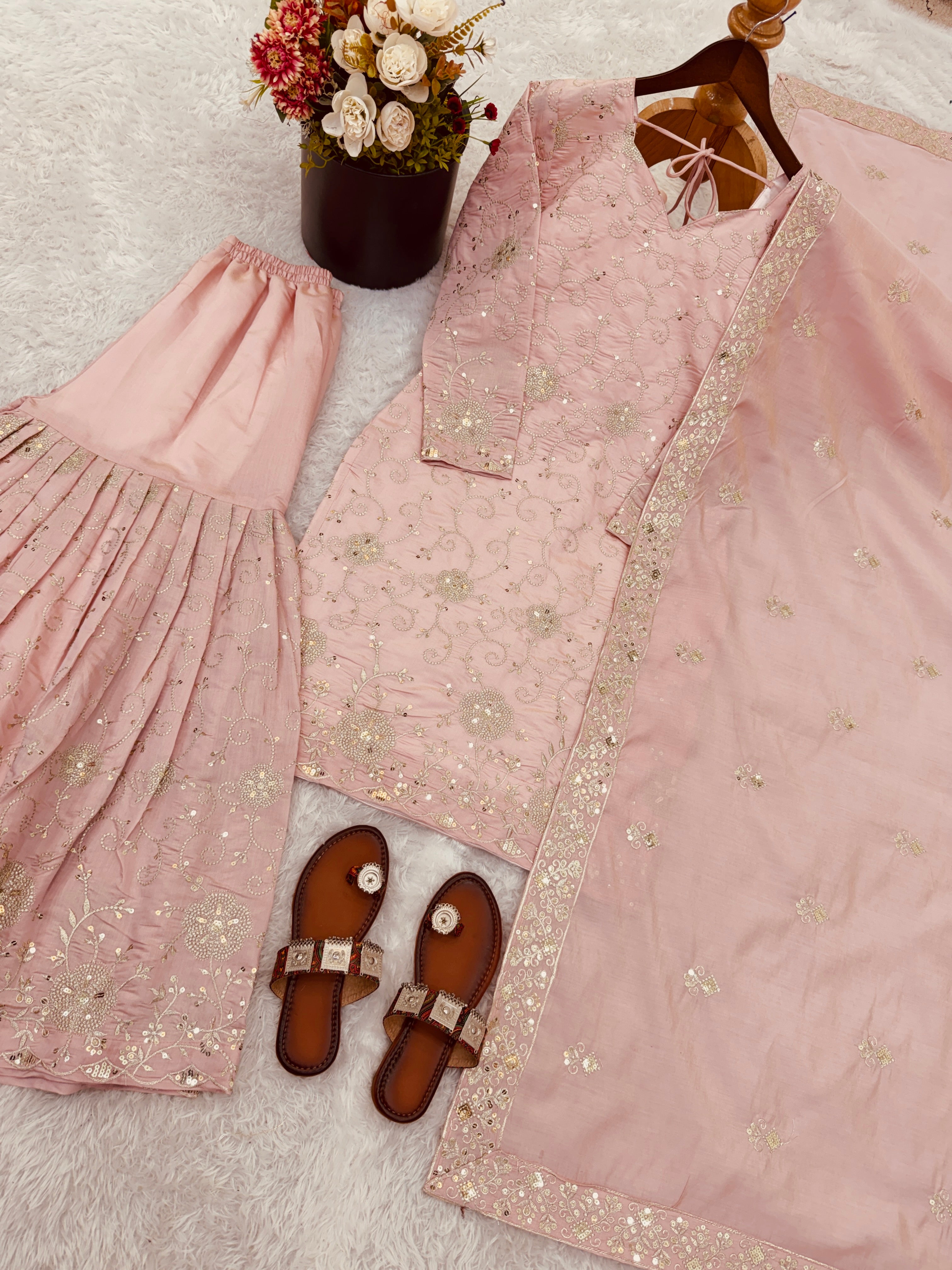 Designer Simar Silk Top Sharara Dupatta Set with Embroidery Sequence Work