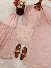 Designer Simar Silk Top Sharara Dupatta Set with Embroidery Sequence Work