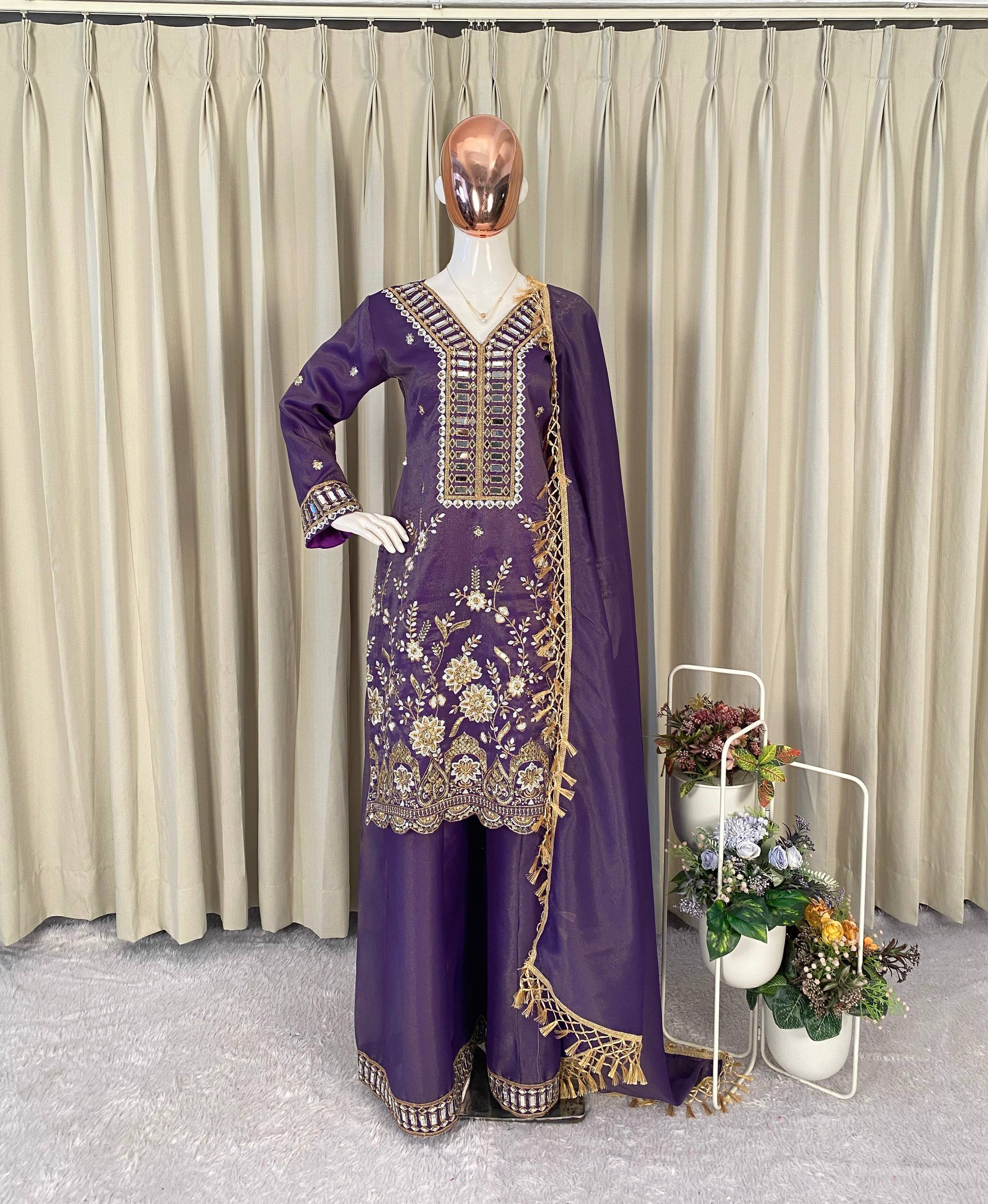 Designer Coss Moss Kurti Palazzo Dupatta Set with Real Mirror Embroidery Work