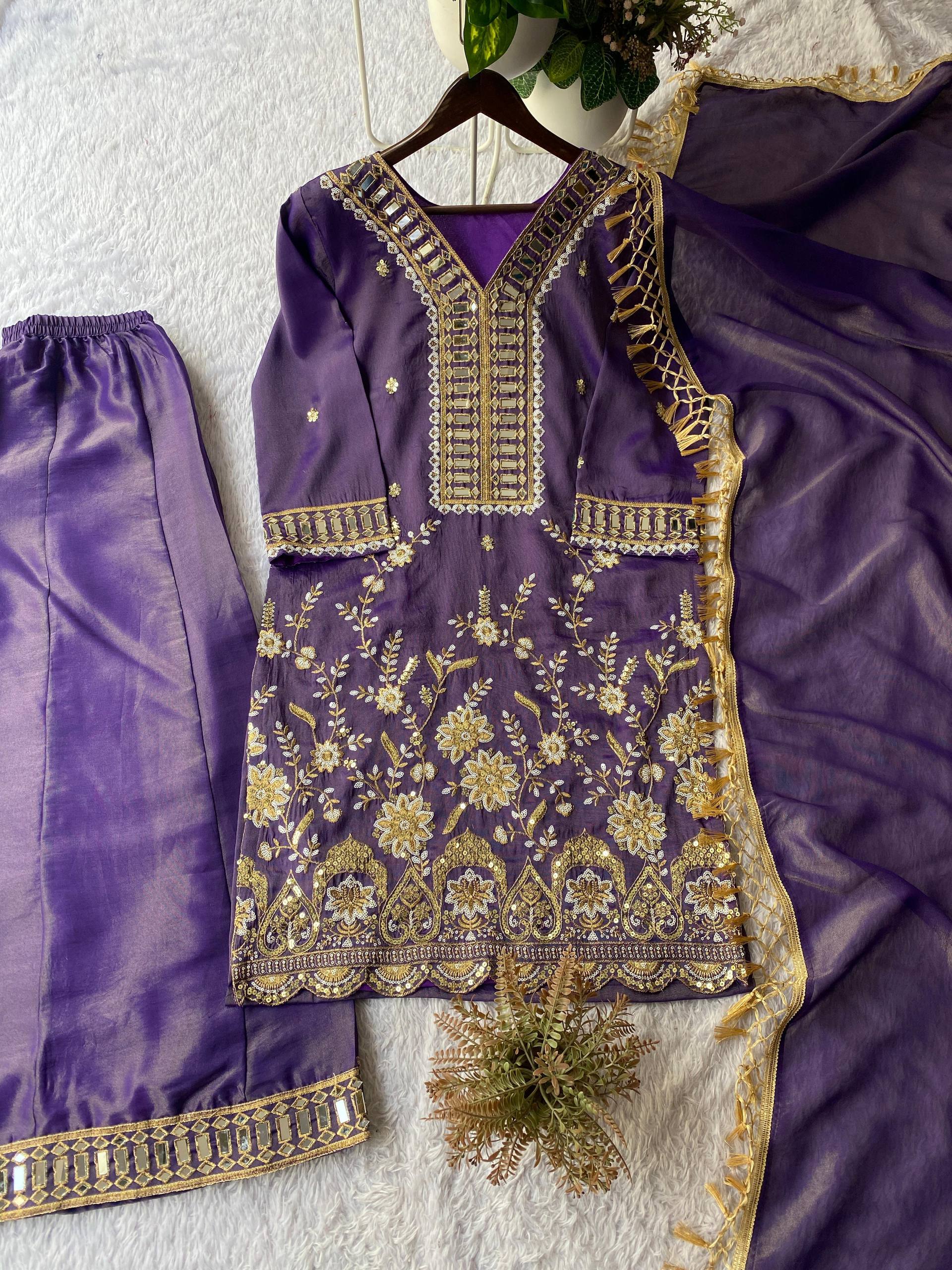 Designer Coss Moss Kurti Palazzo Dupatta Set with Real Mirror Embroidery Work