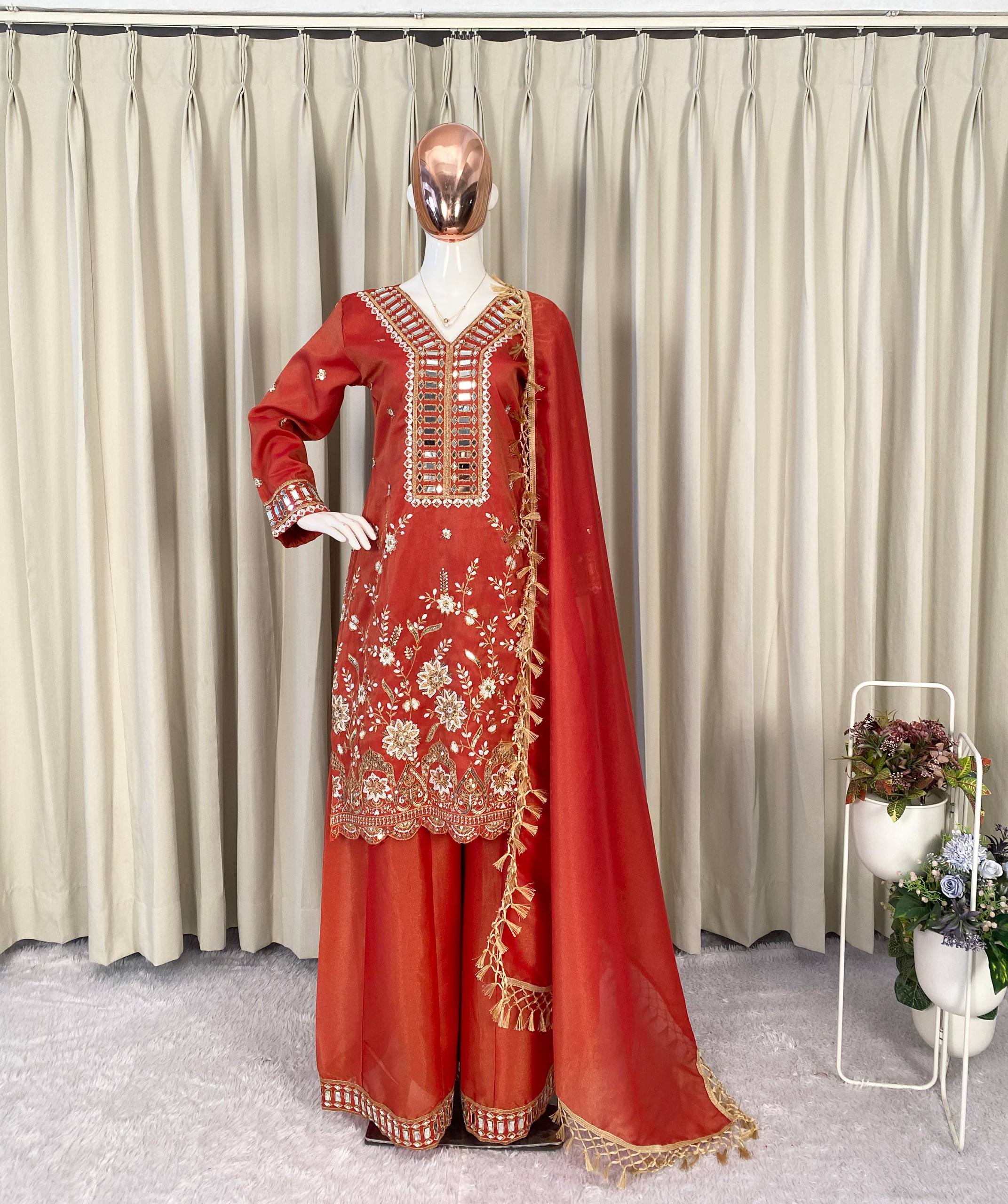 Designer Coss Moss Kurti Palazzo Dupatta Set with Real Mirror Embroidery Work
