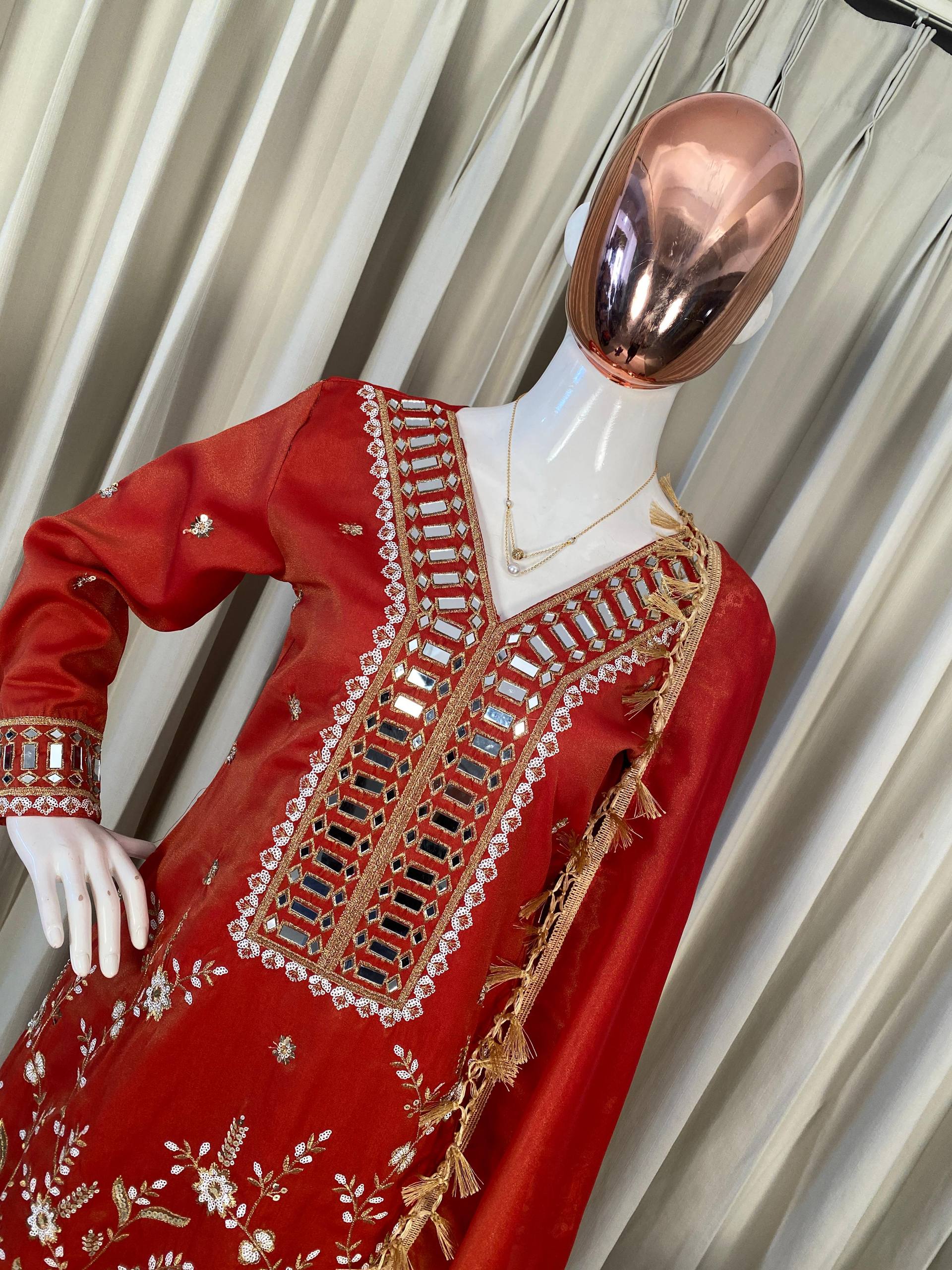 Designer Coss Moss Kurti Palazzo Dupatta Set with Real Mirror Embroidery Work