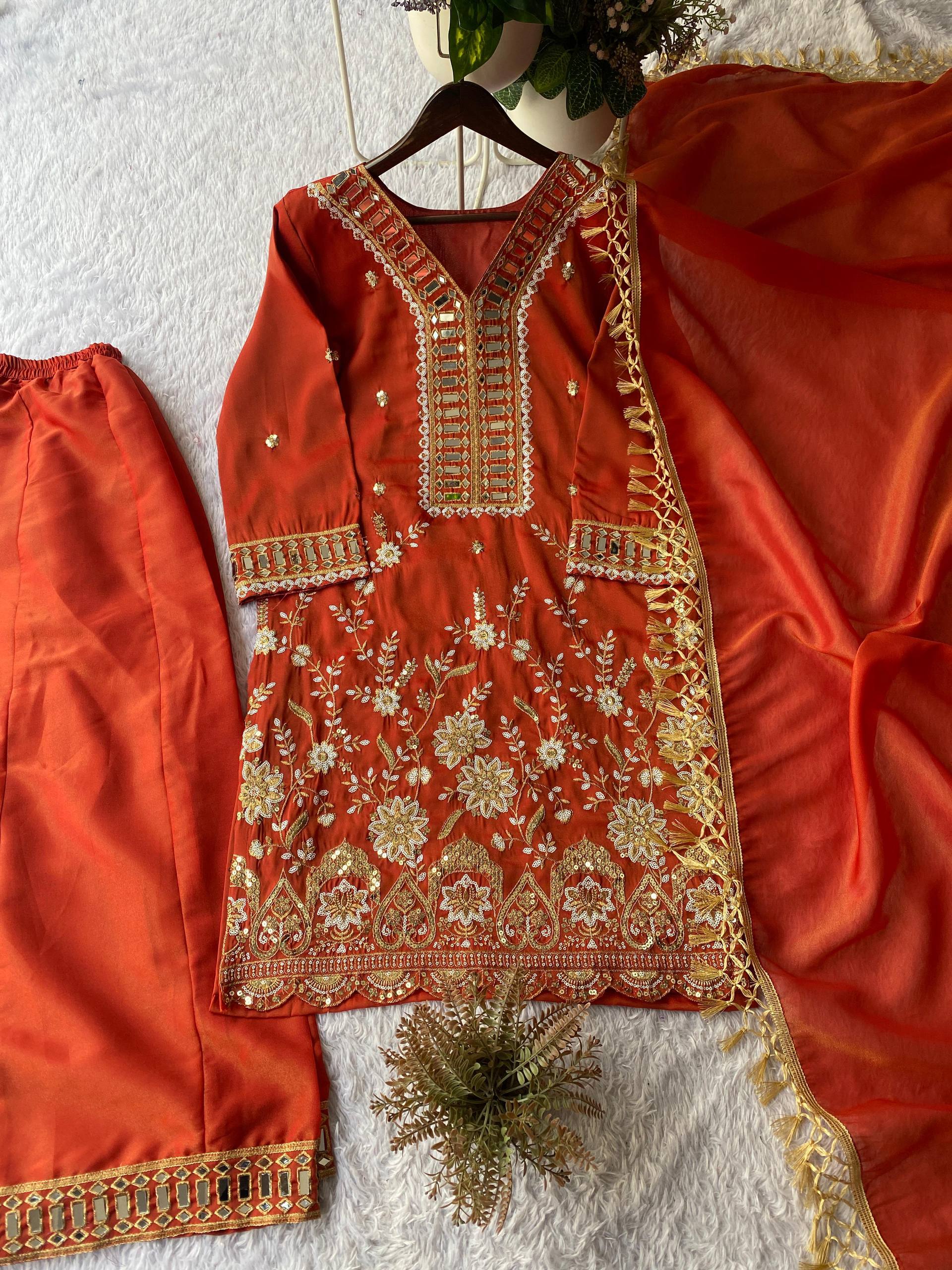 Designer Coss Moss Kurti Palazzo Dupatta Set with Real Mirror Embroidery Work