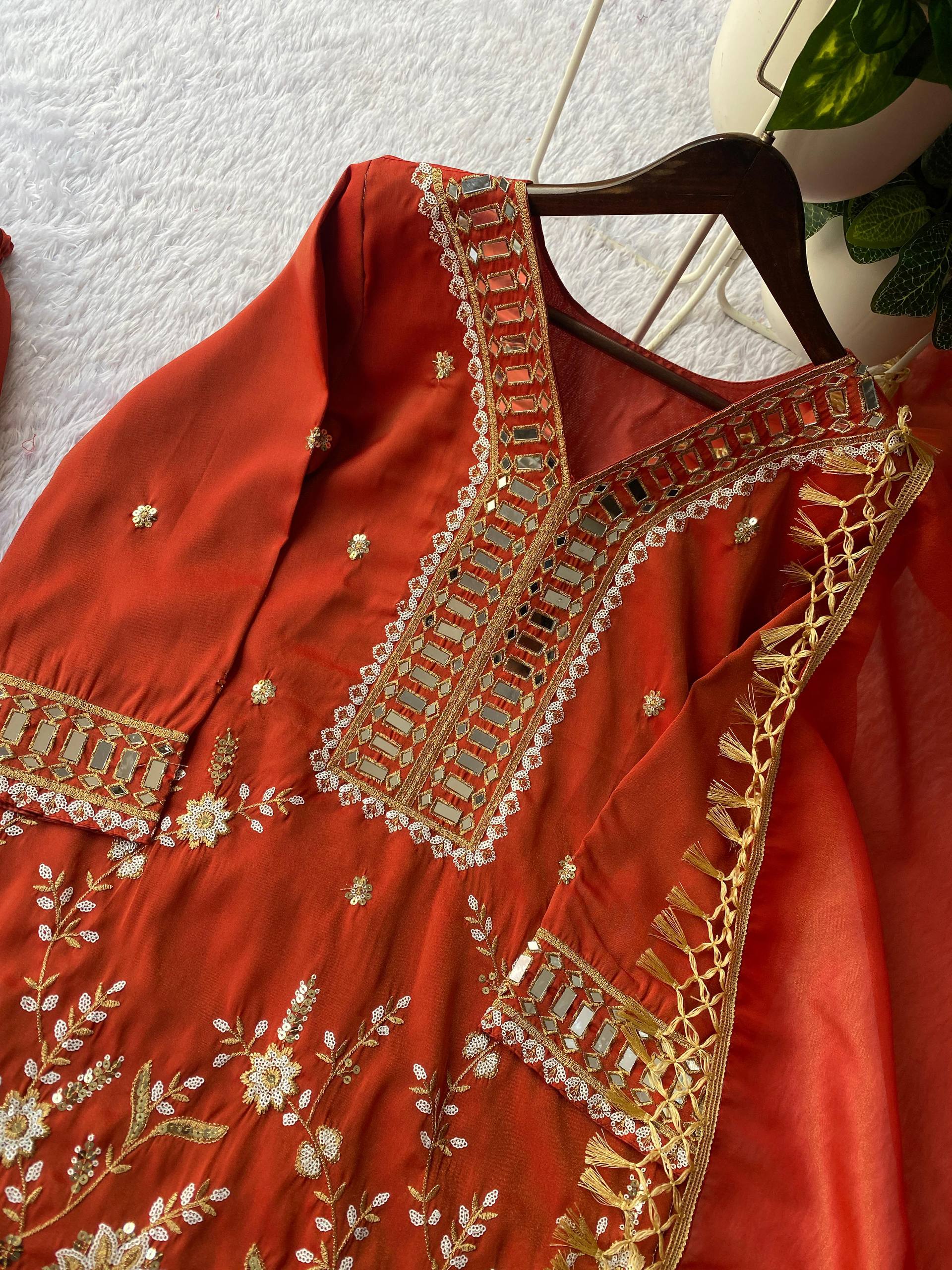 Designer Coss Moss Kurti Palazzo Dupatta Set with Real Mirror Embroidery Work