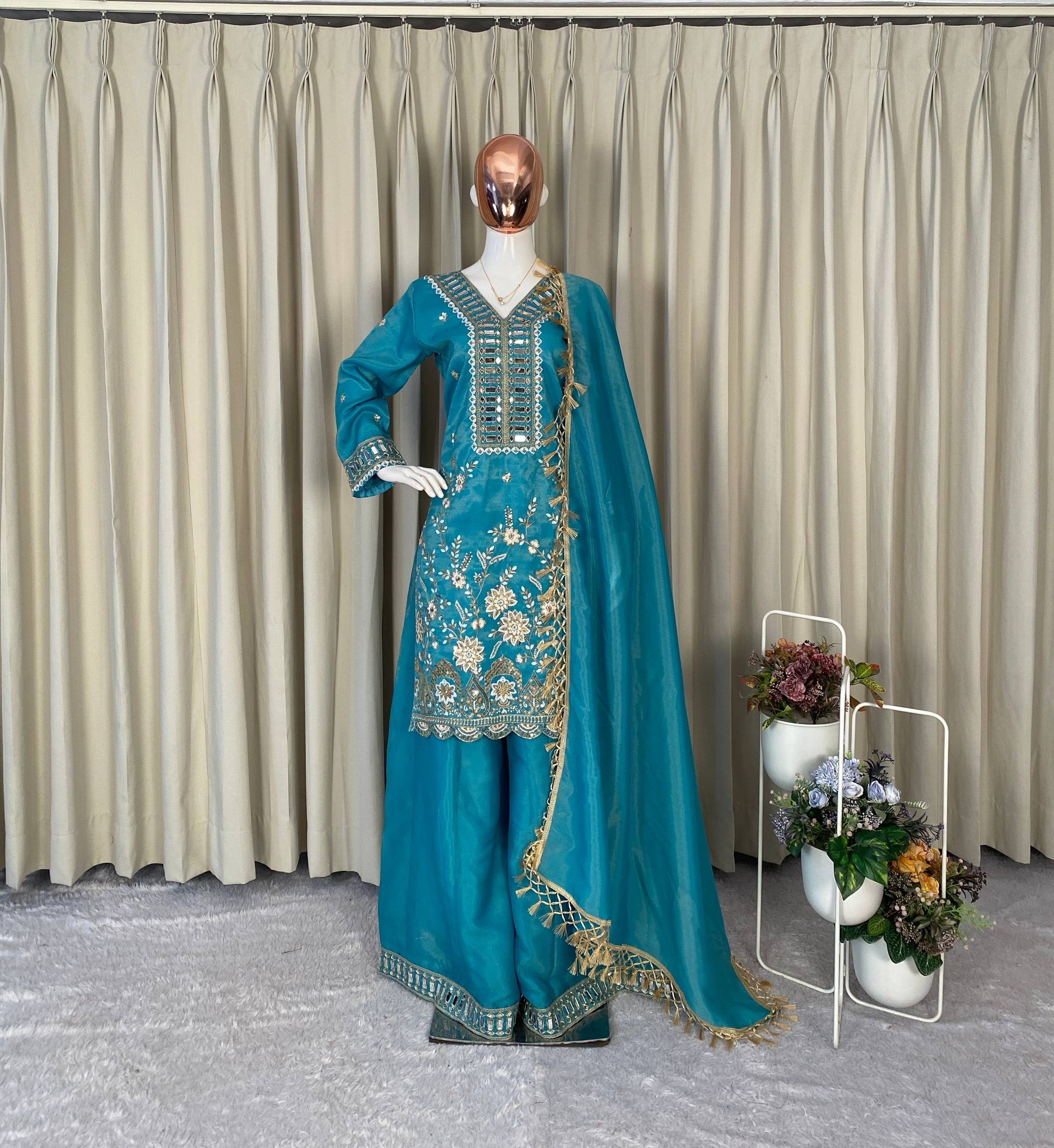 Designer Coss Moss Kurti Palazzo Dupatta Set with Real Mirror Embroidery Work