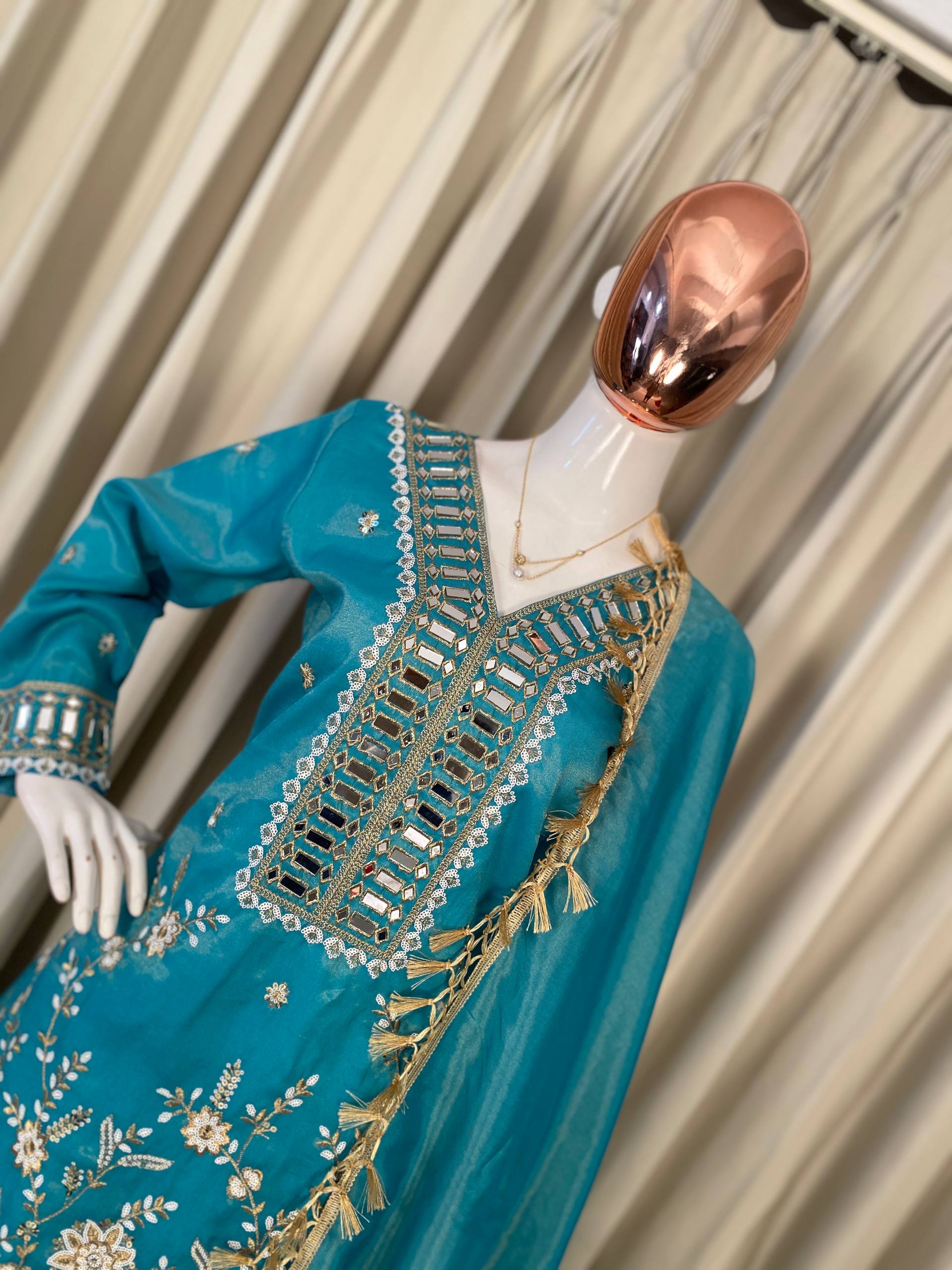 Designer Coss Moss Kurti Palazzo Dupatta Set with Real Mirror Embroidery Work