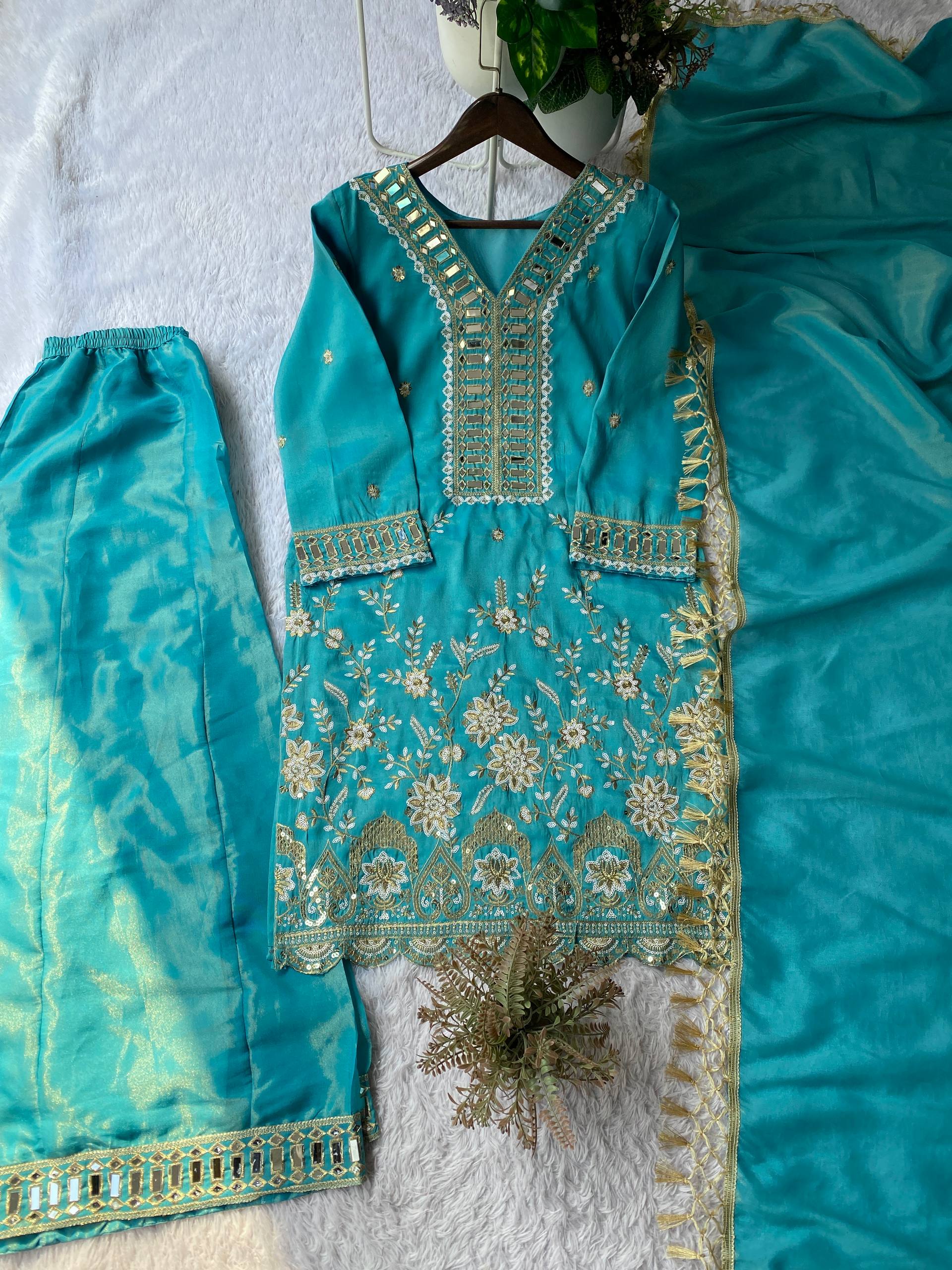 Designer Coss Moss Kurti Palazzo Dupatta Set with Real Mirror Embroidery Work