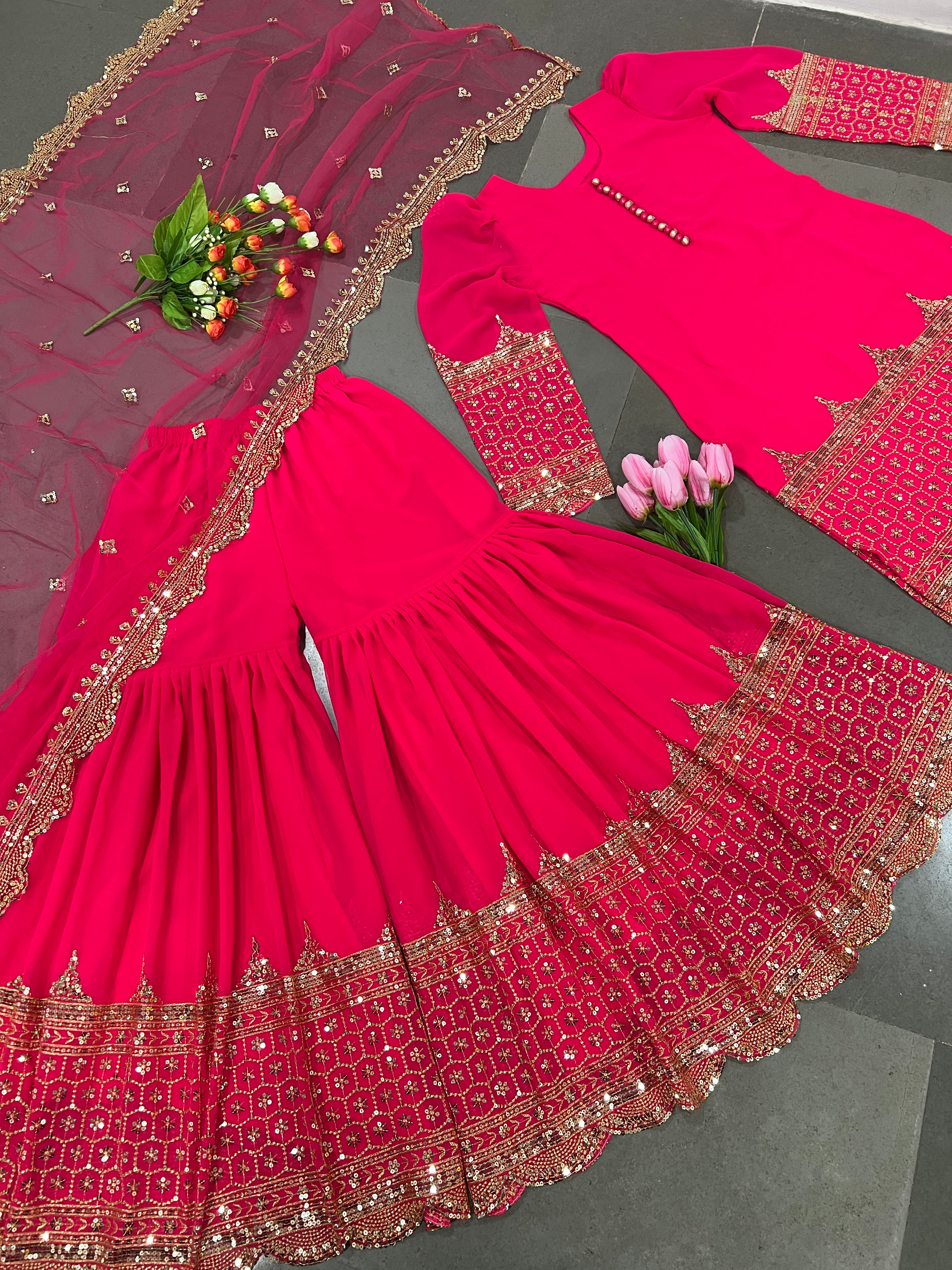 Designer Faux Georgette Sharara Set with 5mm Embroidery Sequence Work