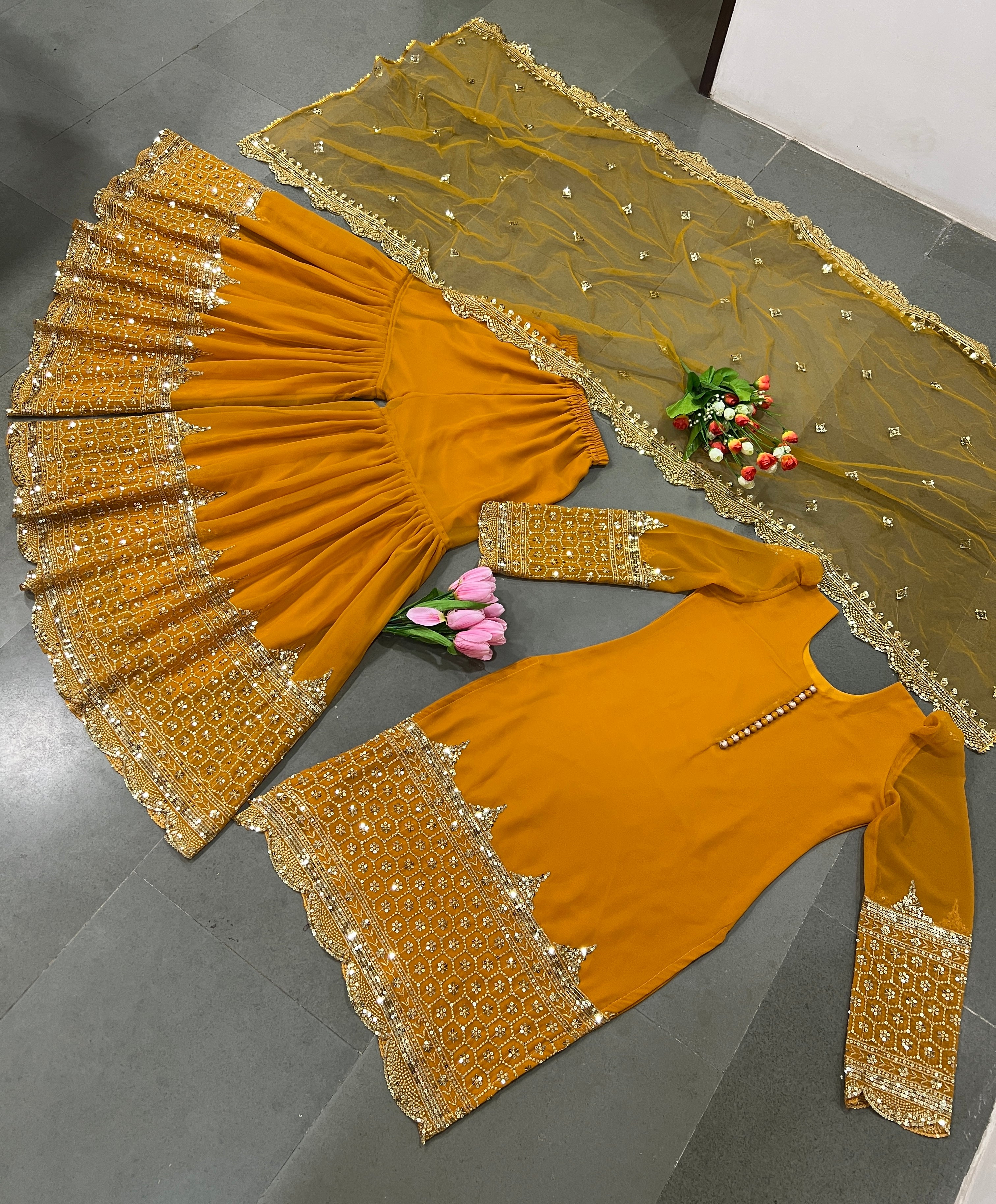 Designer Faux Georgette Sharara Set with 5mm Embroidery Sequence Work