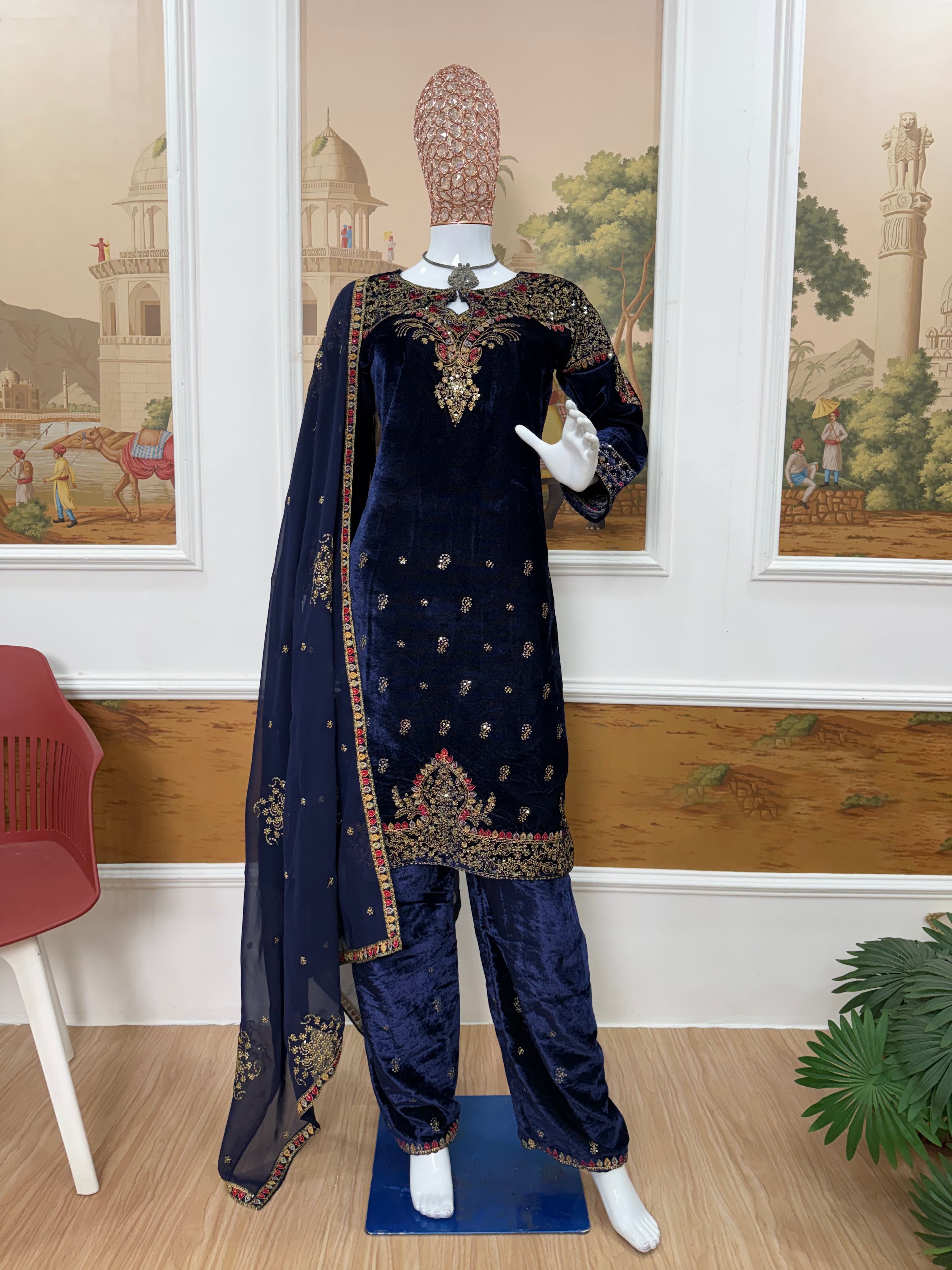 Exclusive 9000 Velvet Kurti Pant Dupatta Set with Heavy Embroidery Work
