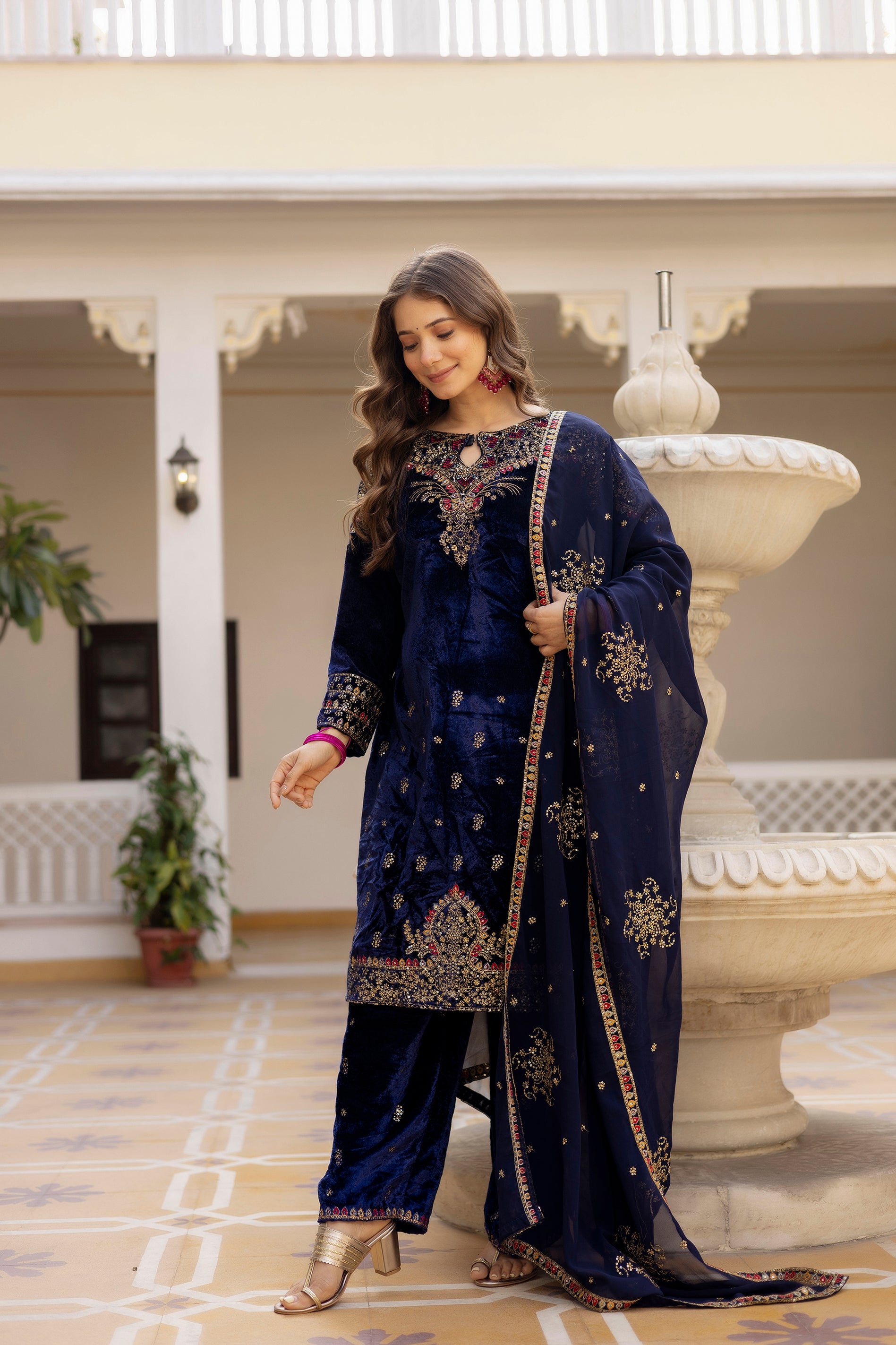 Exclusive 9000 Velvet Kurti Pant Dupatta Set with Heavy Embroidery Work