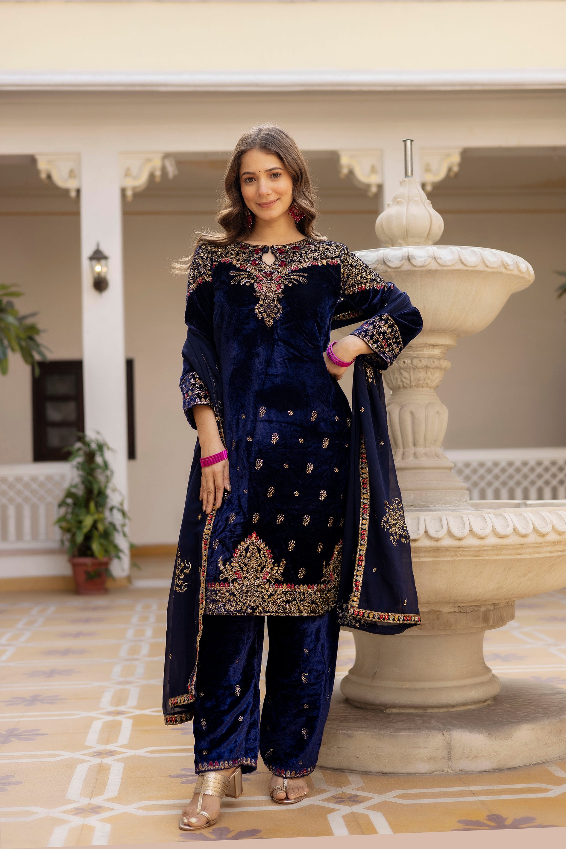 Exclusive 9000 Velvet Kurti Pant Dupatta Set with Heavy Embroidery Work