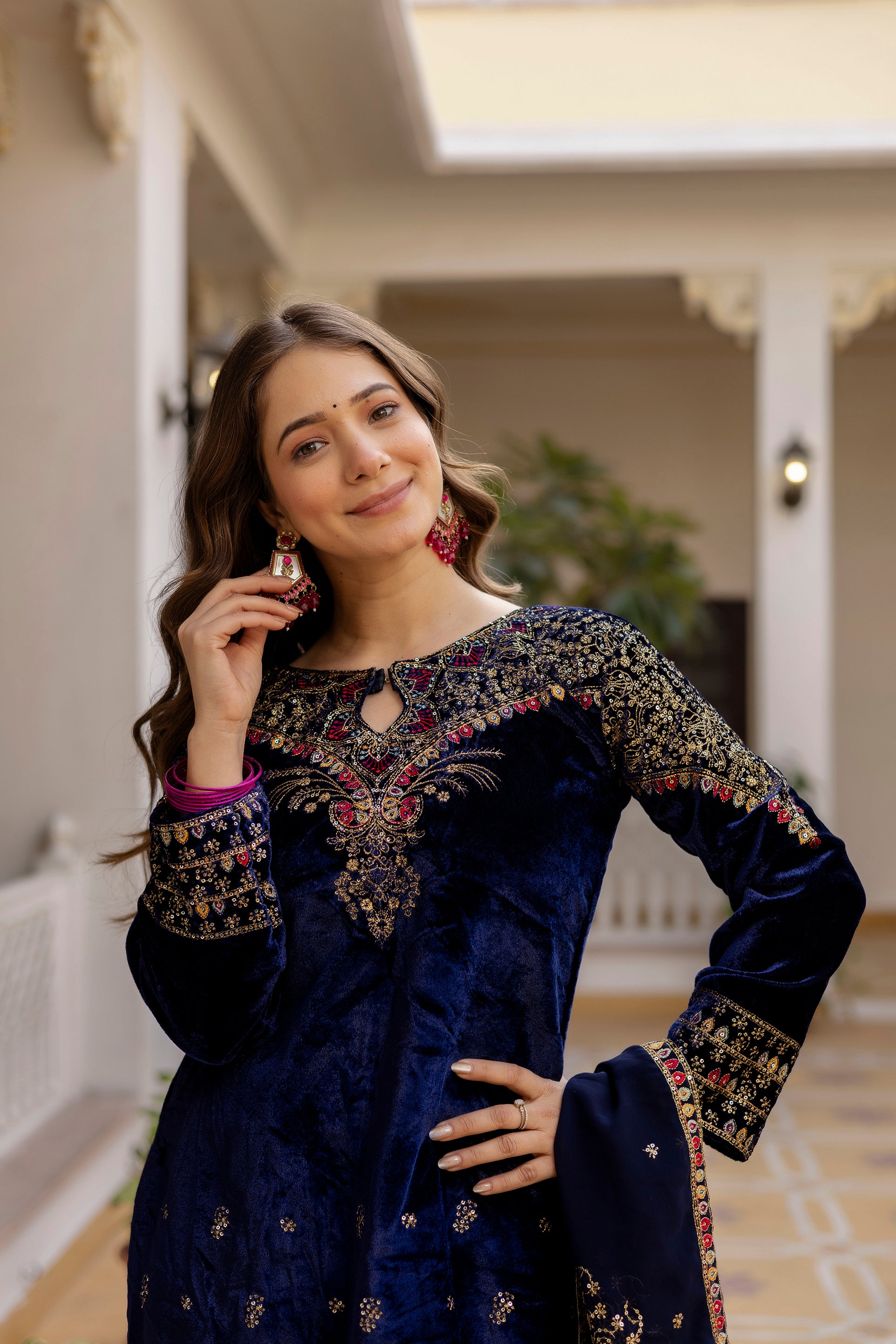 Exclusive 9000 Velvet Kurti Pant Dupatta Set with Heavy Embroidery Work