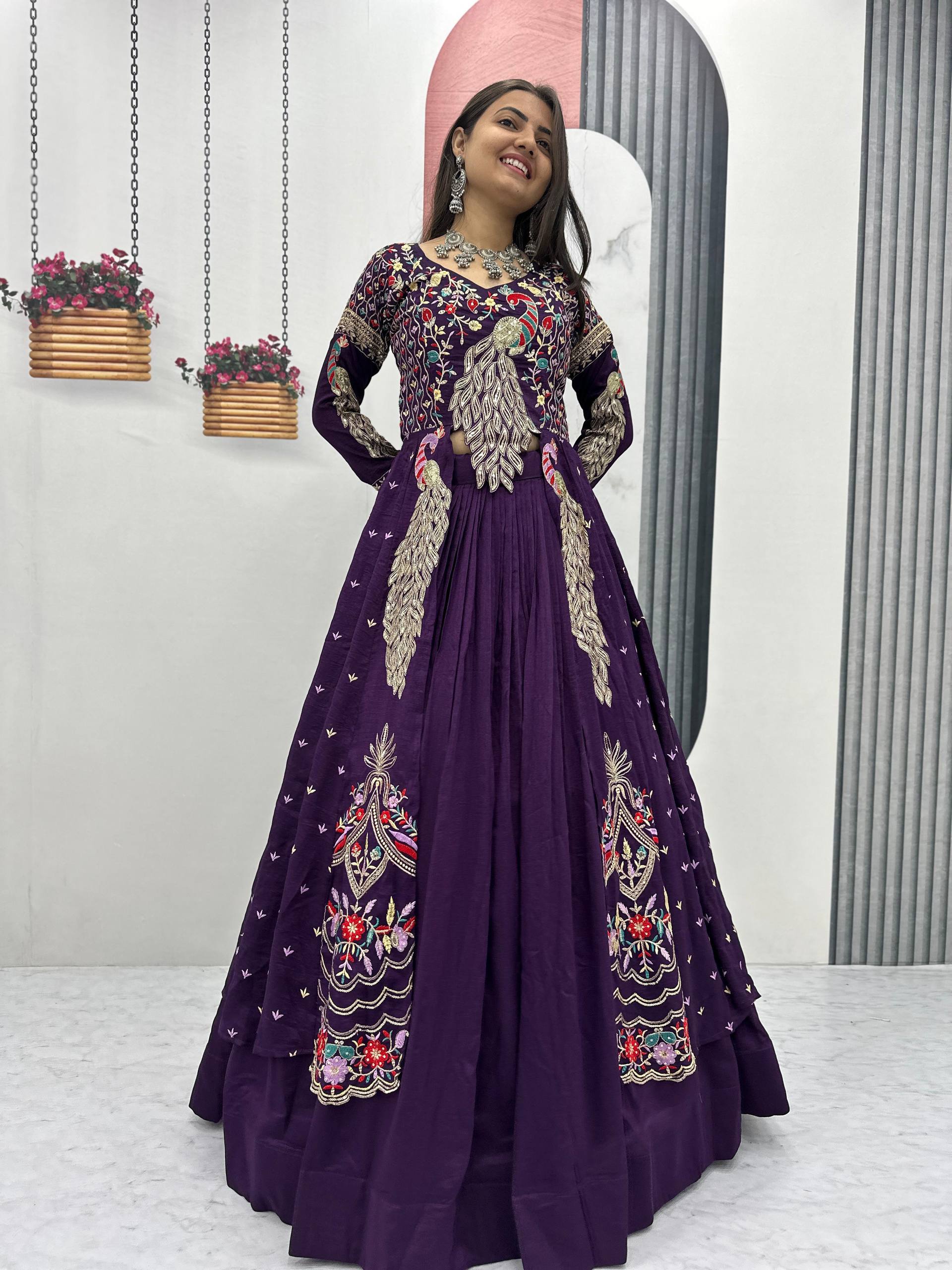 Festival Special Pure Vichitra Crop Top with Shrug Lehenga Set – Heavy Embroidery