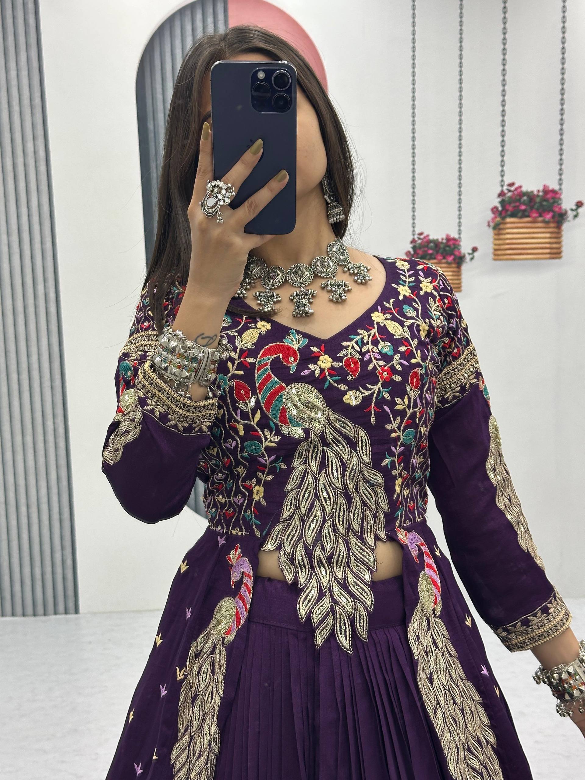 Festival Special Pure Vichitra Crop Top with Shrug Lehenga Set – Heavy Embroidery