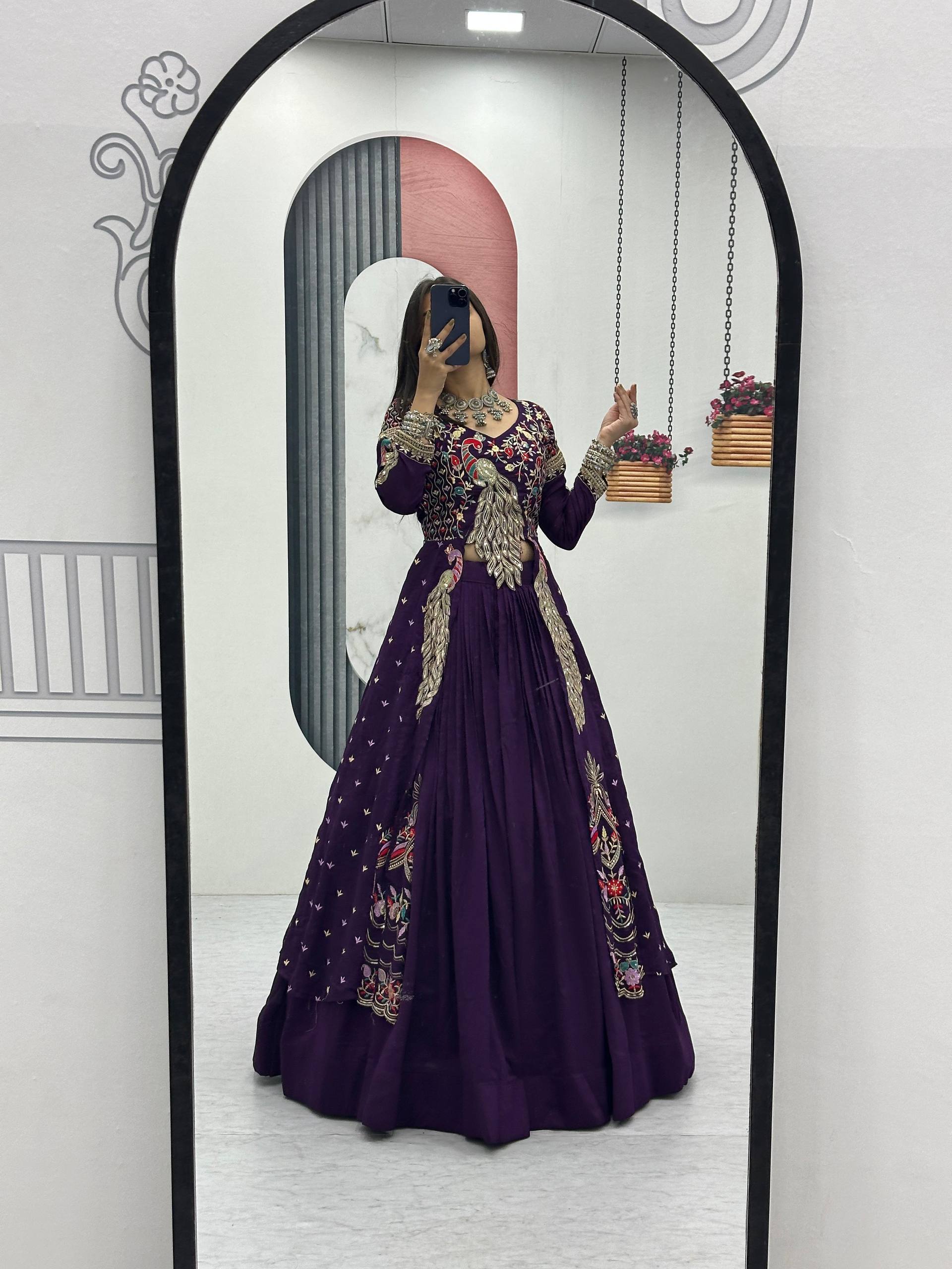 Festival Special Pure Vichitra Crop Top with Shrug Lehenga Set – Heavy Embroidery