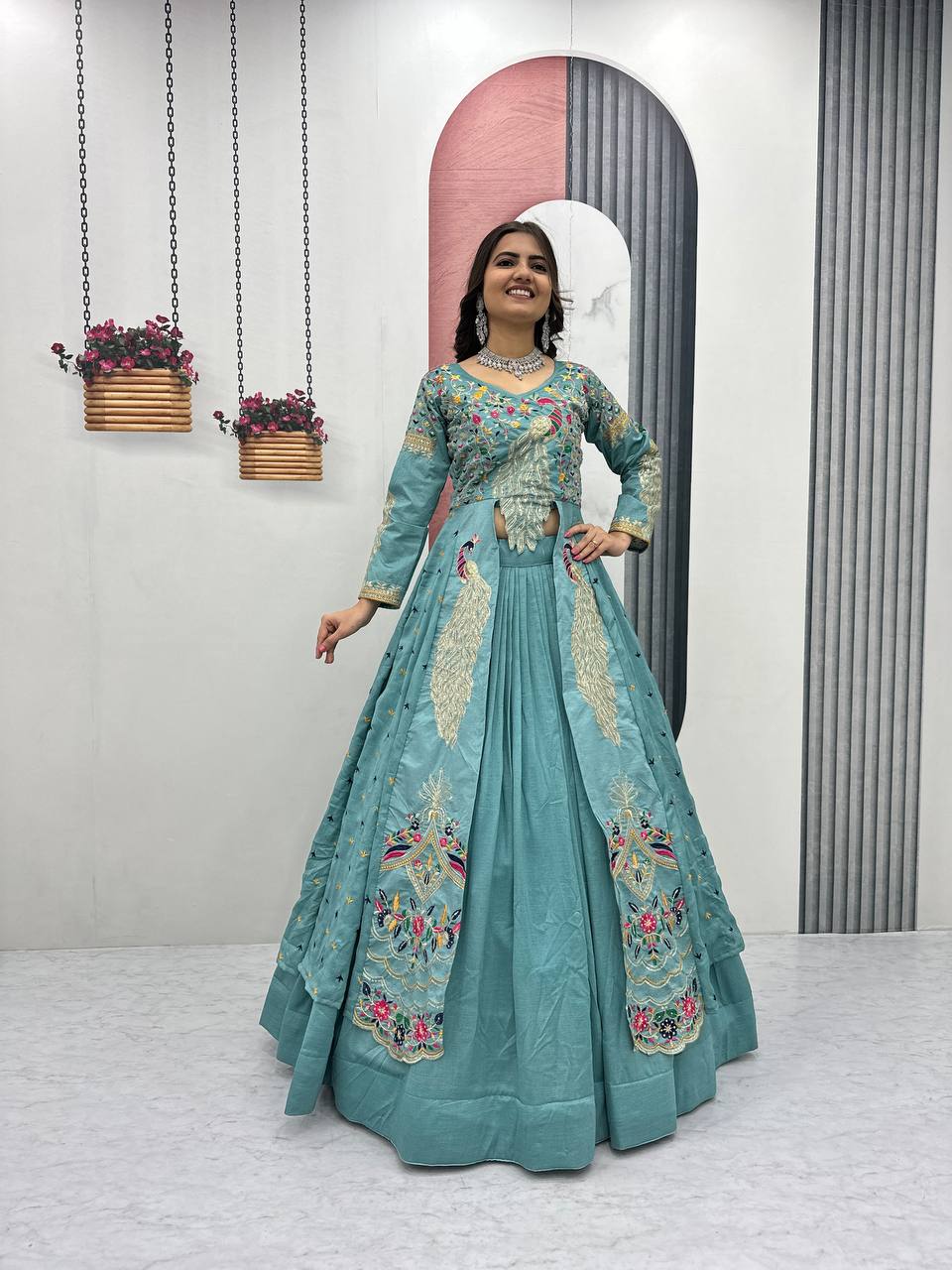 Festival Special Pure Vichitra Crop Top with Shrug Lehenga Set – Heavy Embroidery