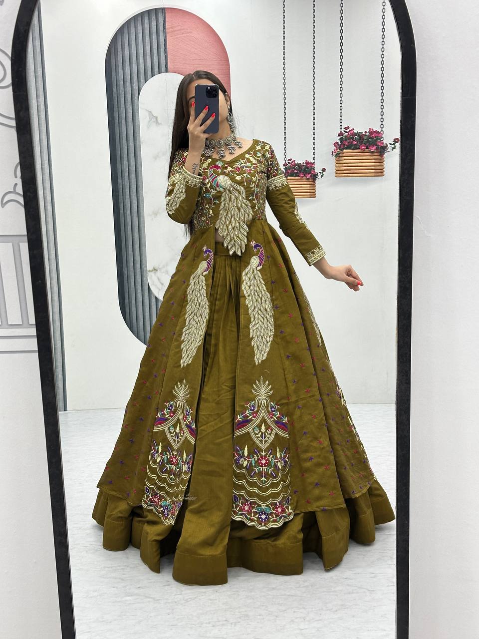 Festival Special Pure Vichitra Crop Top with Shrug Lehenga Set – Heavy Embroidery