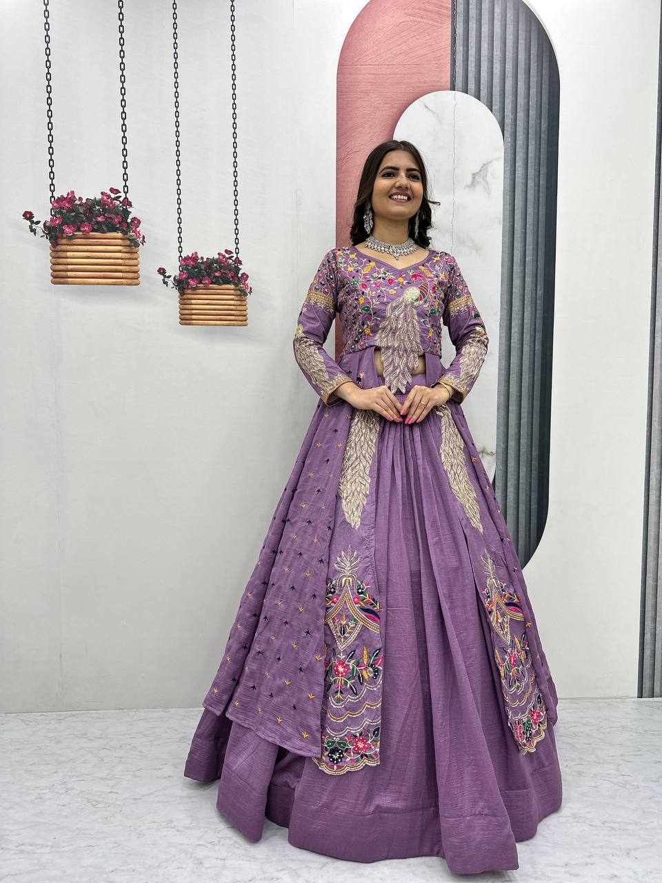 Festival Special Pure Vichitra Crop Top with Shrug Lehenga Set – Heavy Embroidery