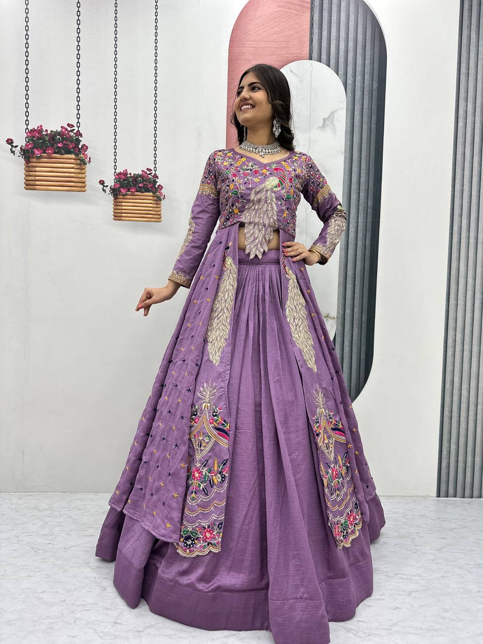 Festival Special Pure Vichitra Crop Top with Shrug Lehenga Set – Heavy Embroidery
