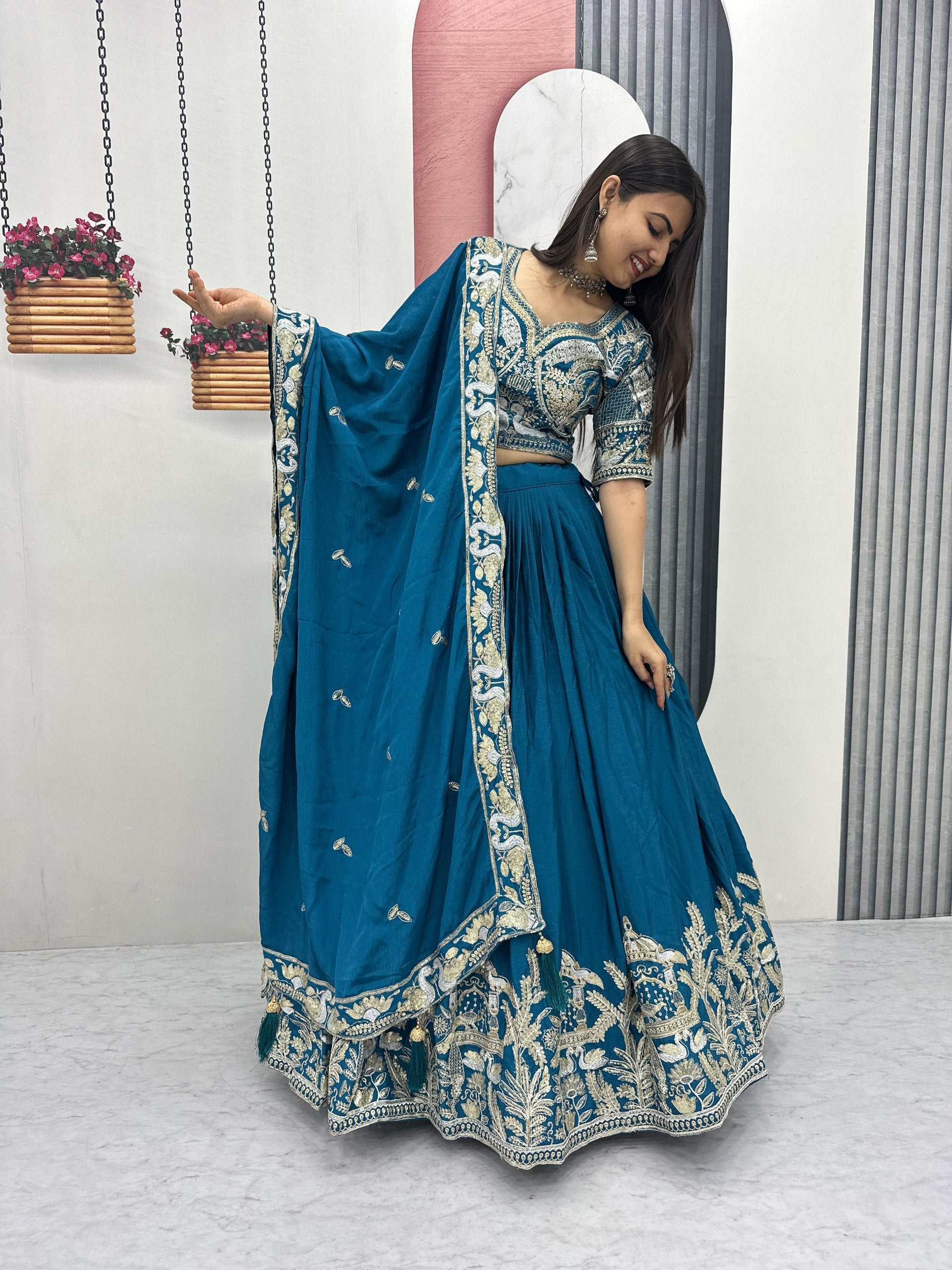 Festival Wear Chinon Lehenga Choli with Heavy Embroidery & Sequence Work