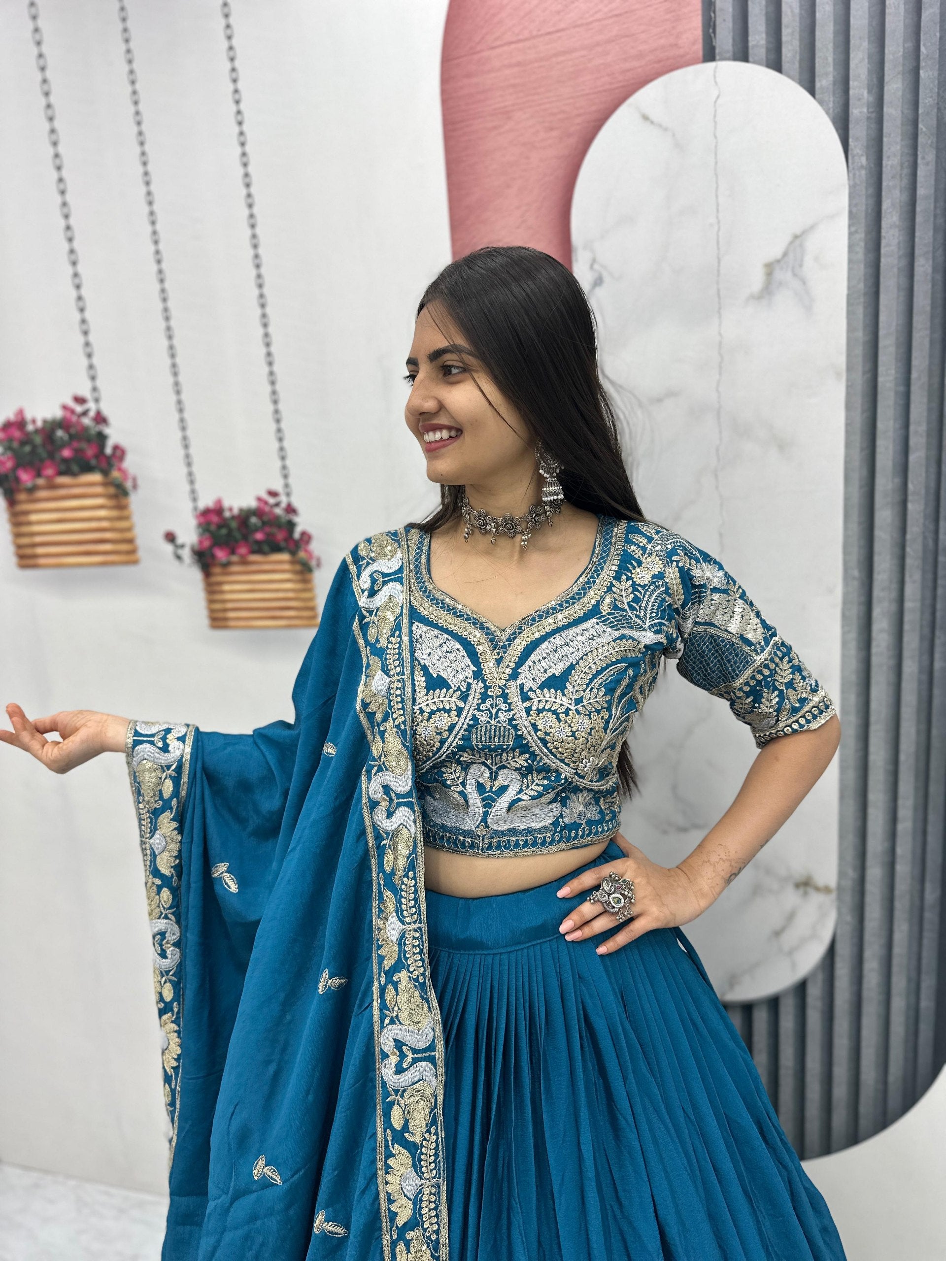 Festival Wear Chinon Lehenga Choli with Heavy Embroidery & Sequence Work
