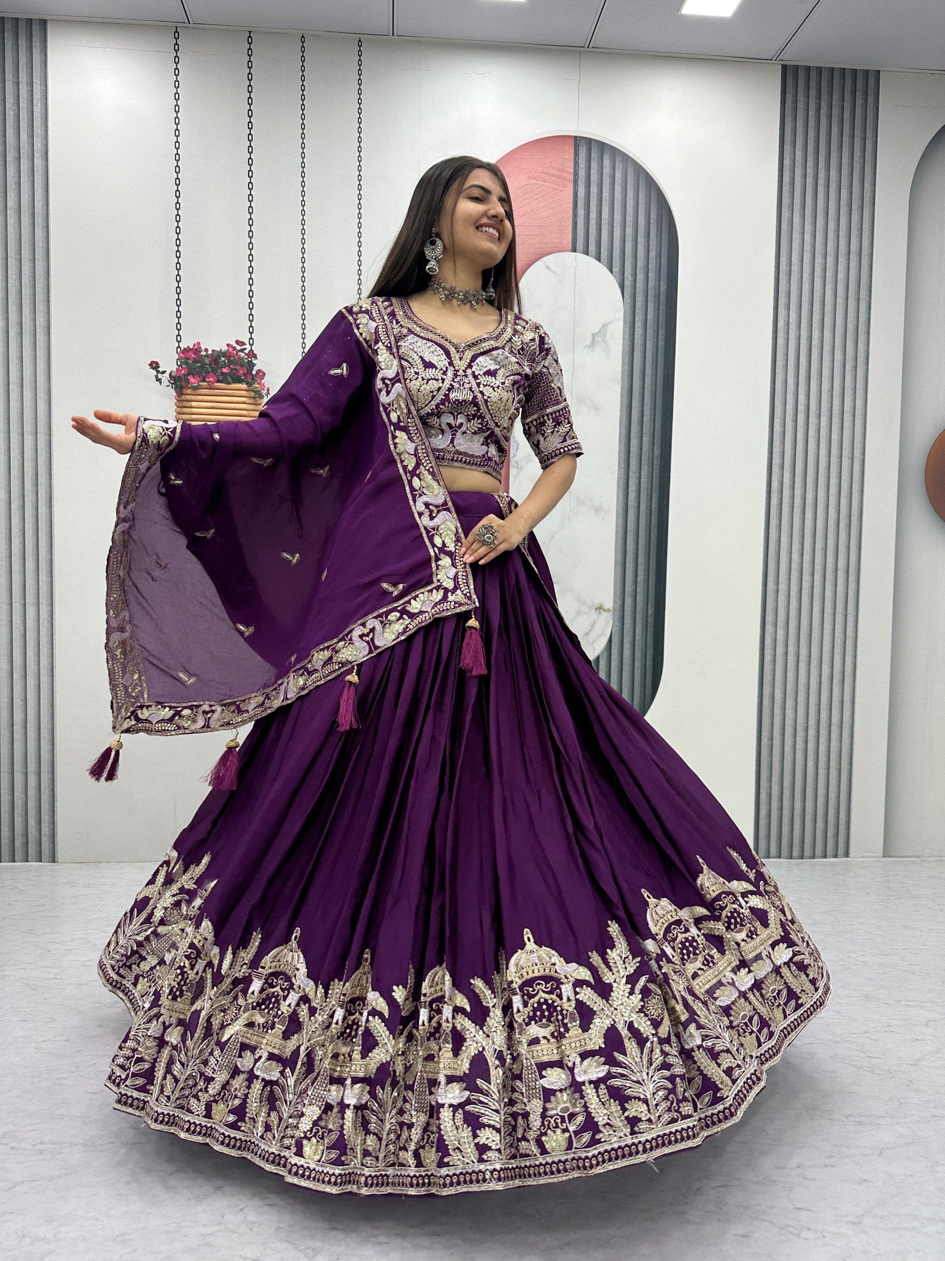 Festival Wear Chinon Lehenga Choli with Heavy Embroidery & Sequence Work