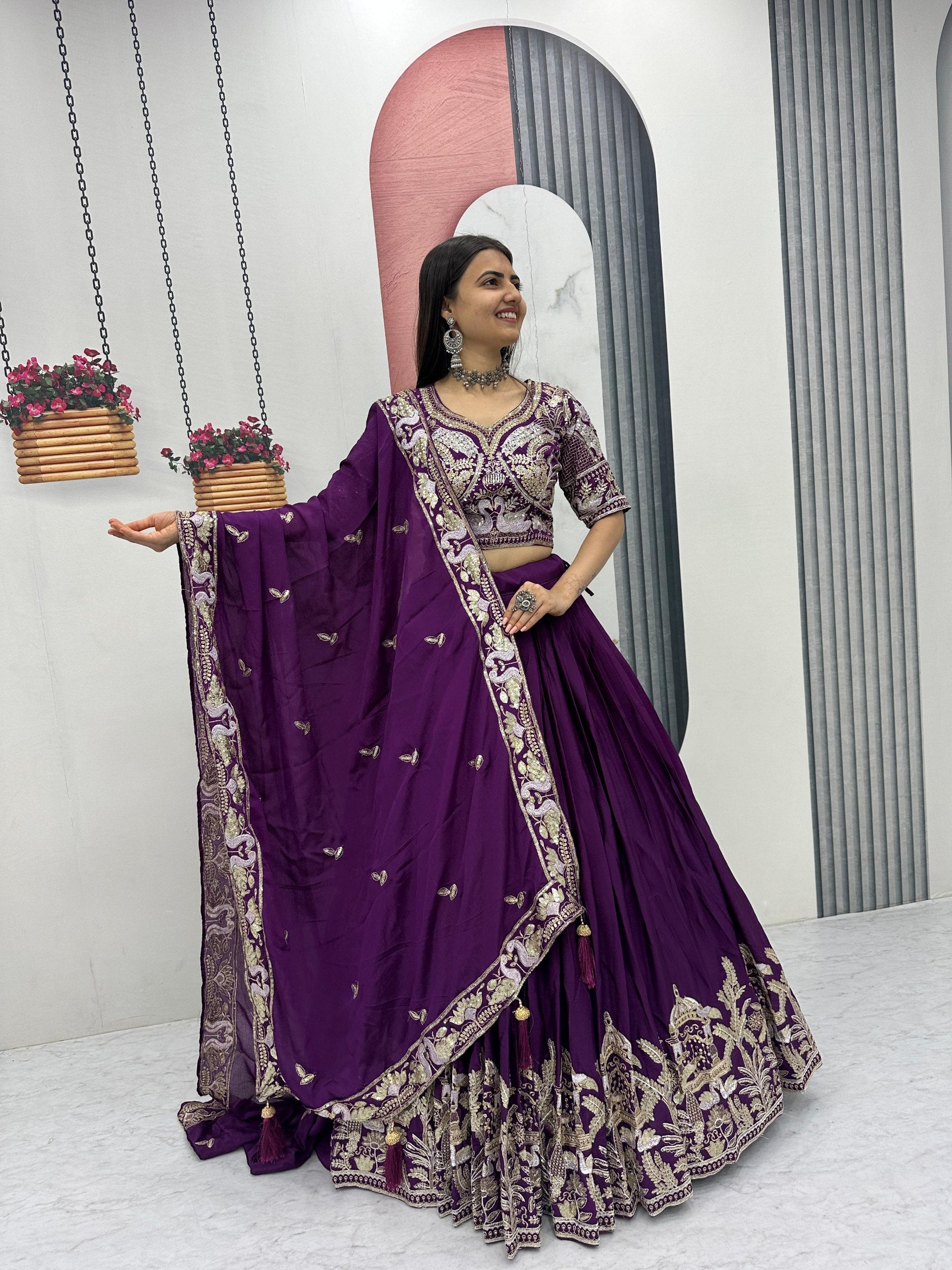 Festival Wear Chinon Lehenga Choli with Heavy Embroidery & Sequence Work