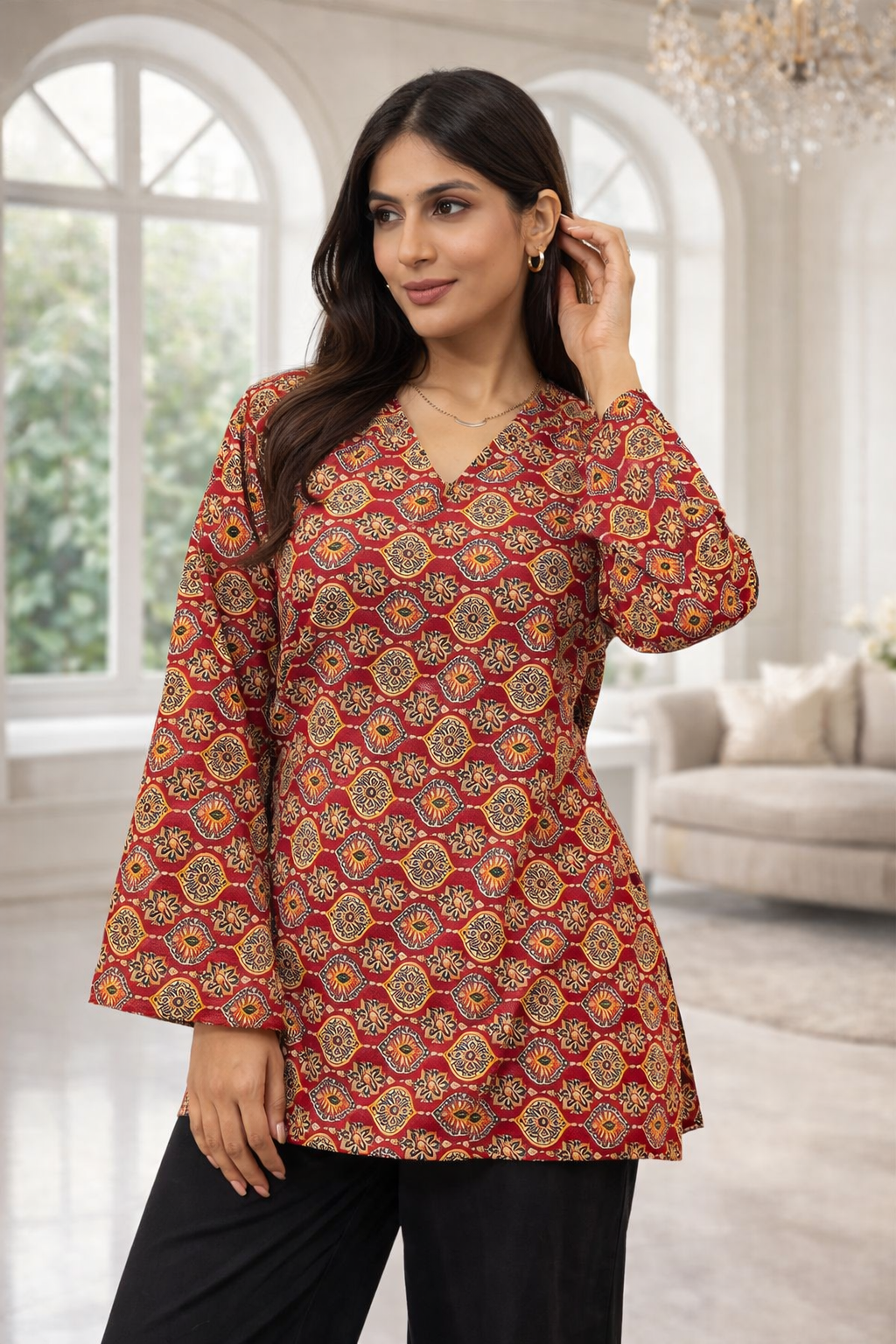 Premium Daily Wear Pure Cotton Digital Printed Tunic – Red Colour