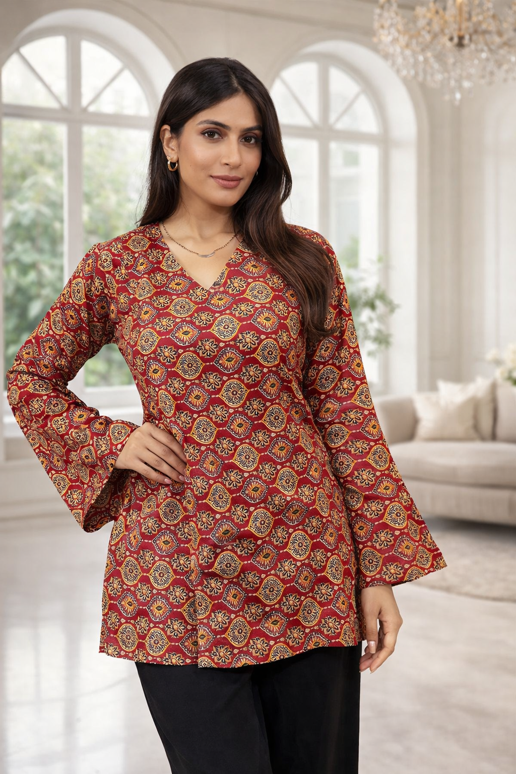 Premium Daily Wear Pure Cotton Digital Printed Tunic – Red Colour