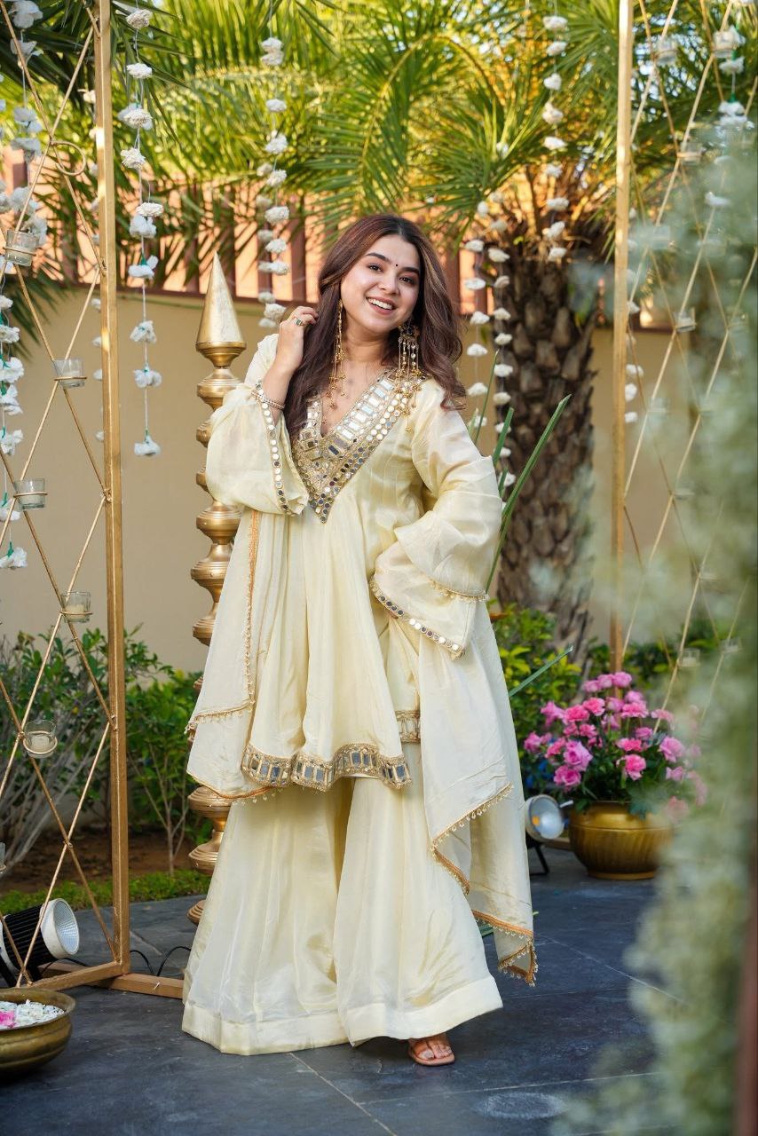 New Designer Party Wear Top Plazzo and Dupatta Real mirror work Set