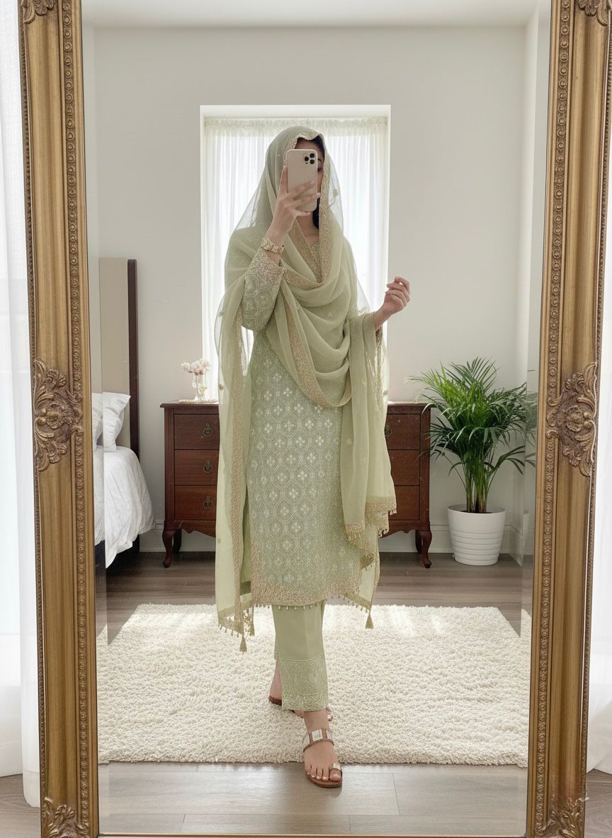 Festive Wear Olive Green Embroidered Suit Set