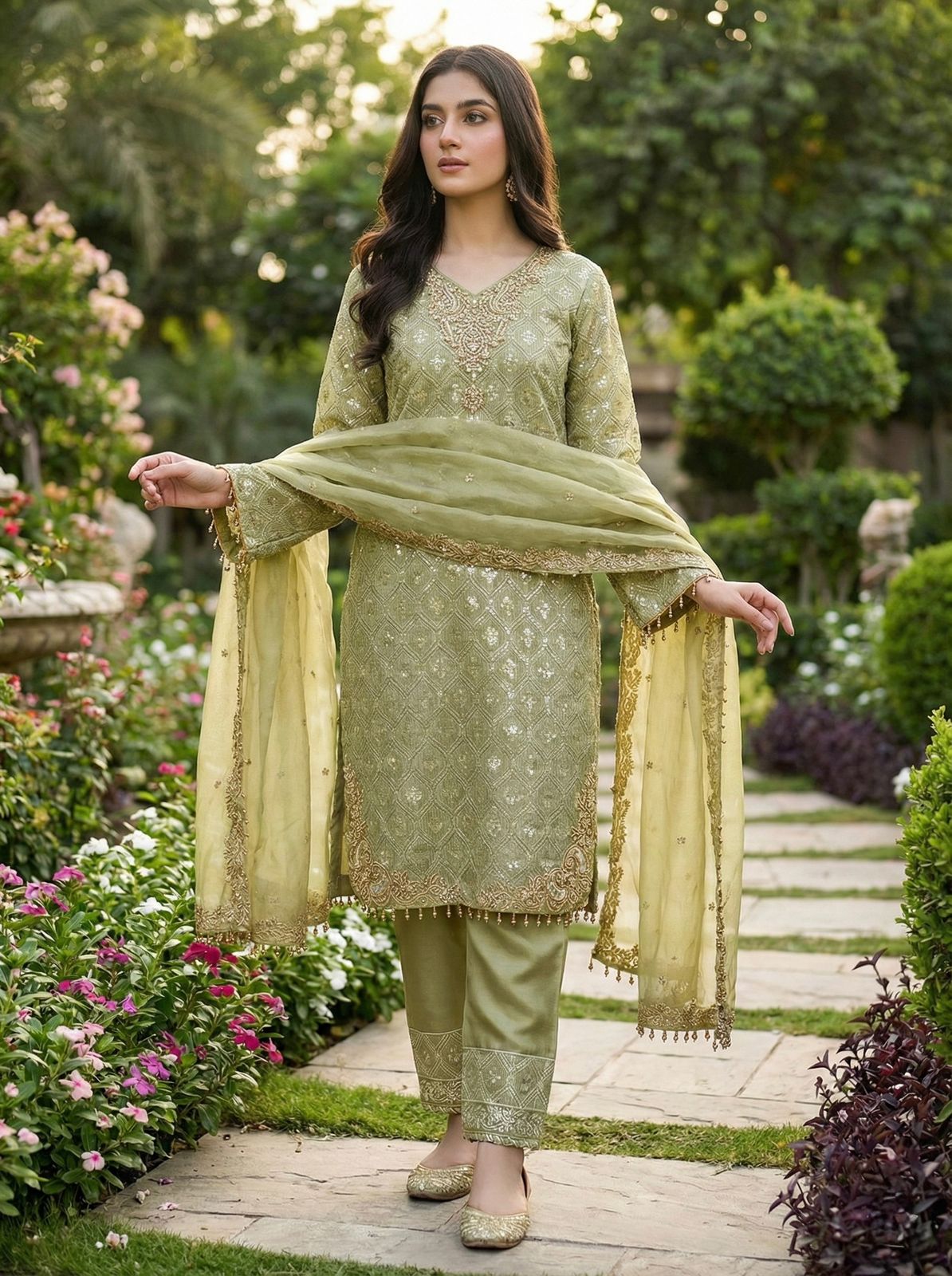Festive Wear Olive Green Embroidered Suit Set