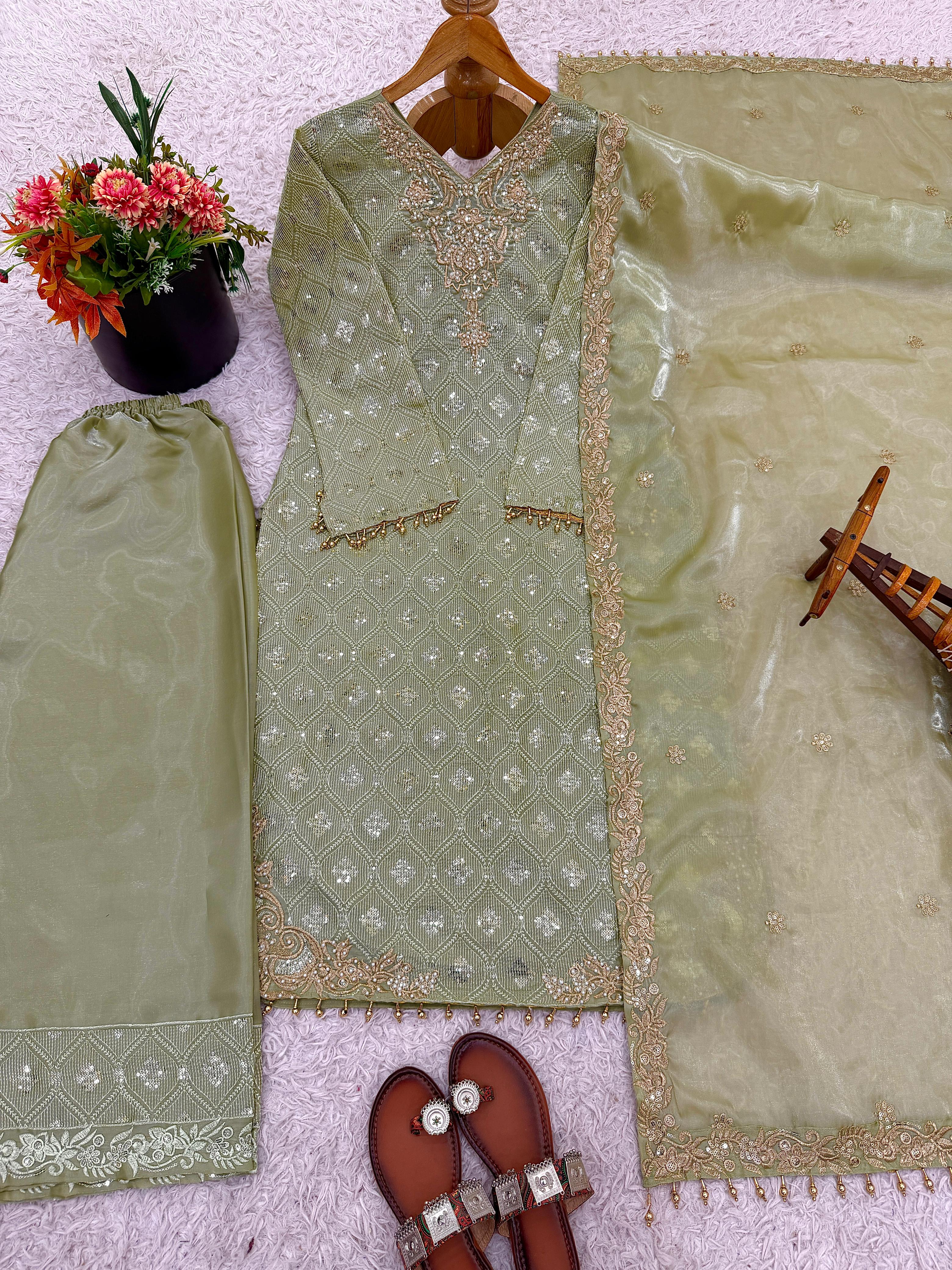 Festive Wear Olive Green Embroidered Suit Set