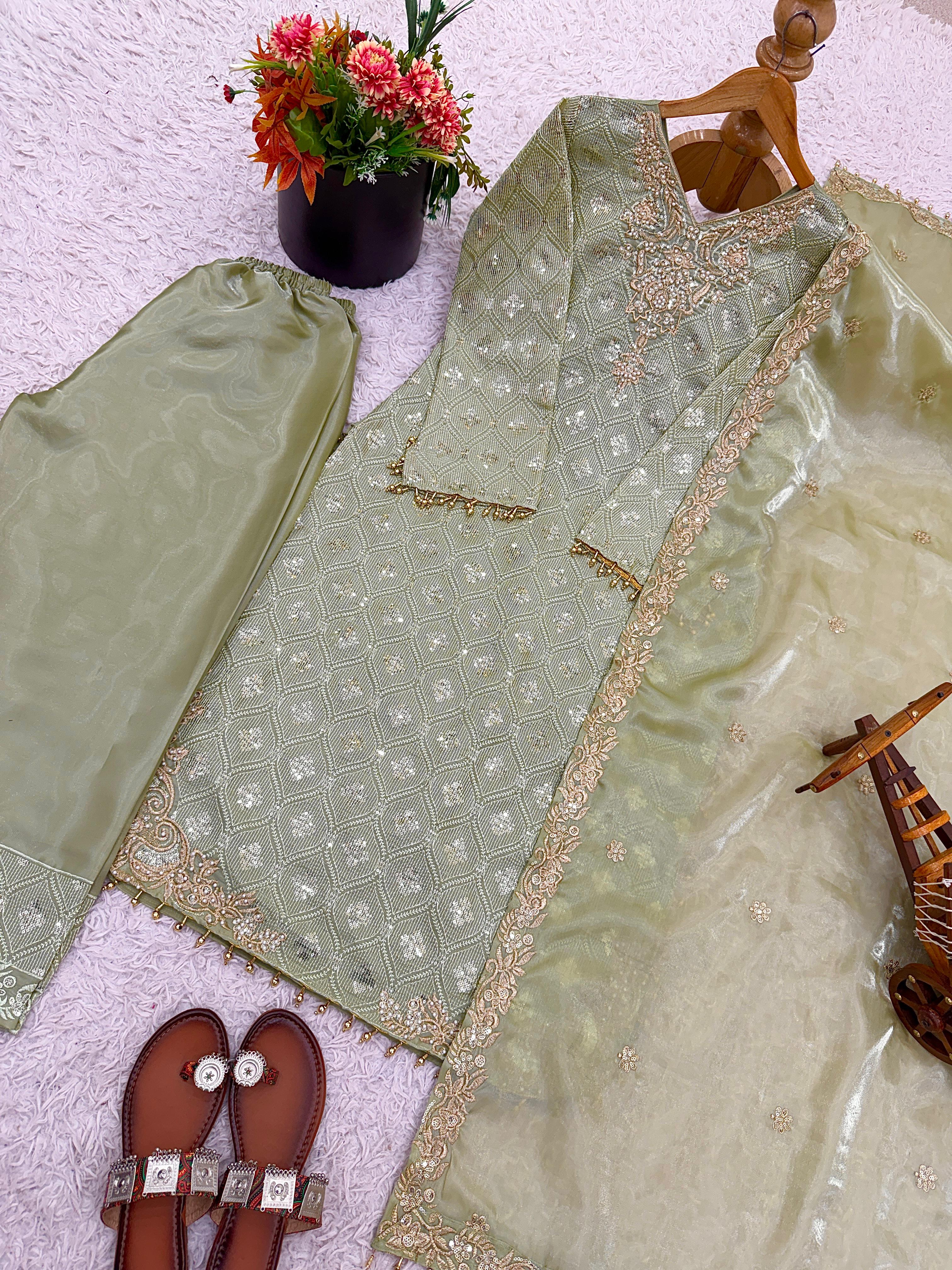 Festive Wear Olive Green Embroidered Suit Set