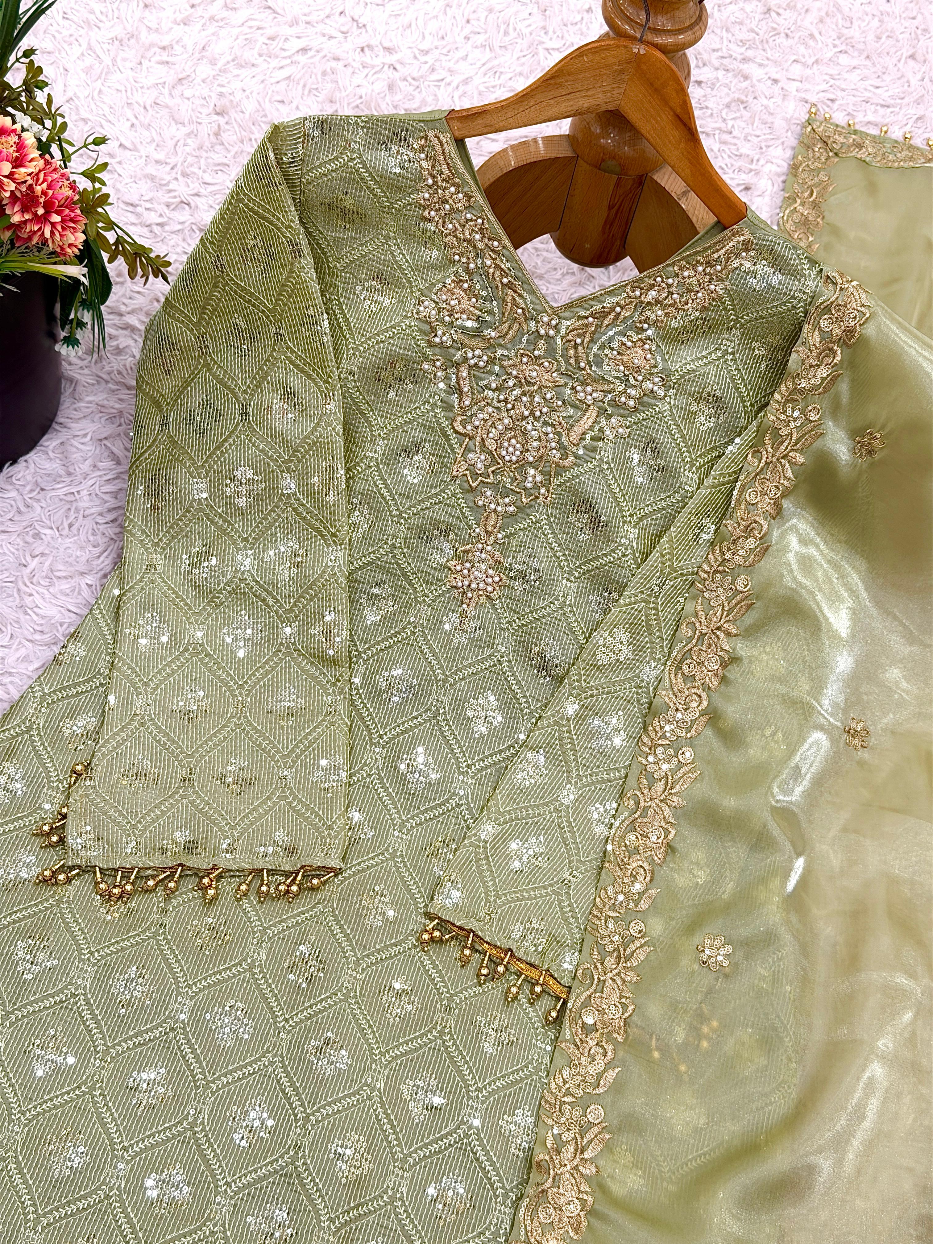 Festive Wear Olive Green Embroidered Suit Set