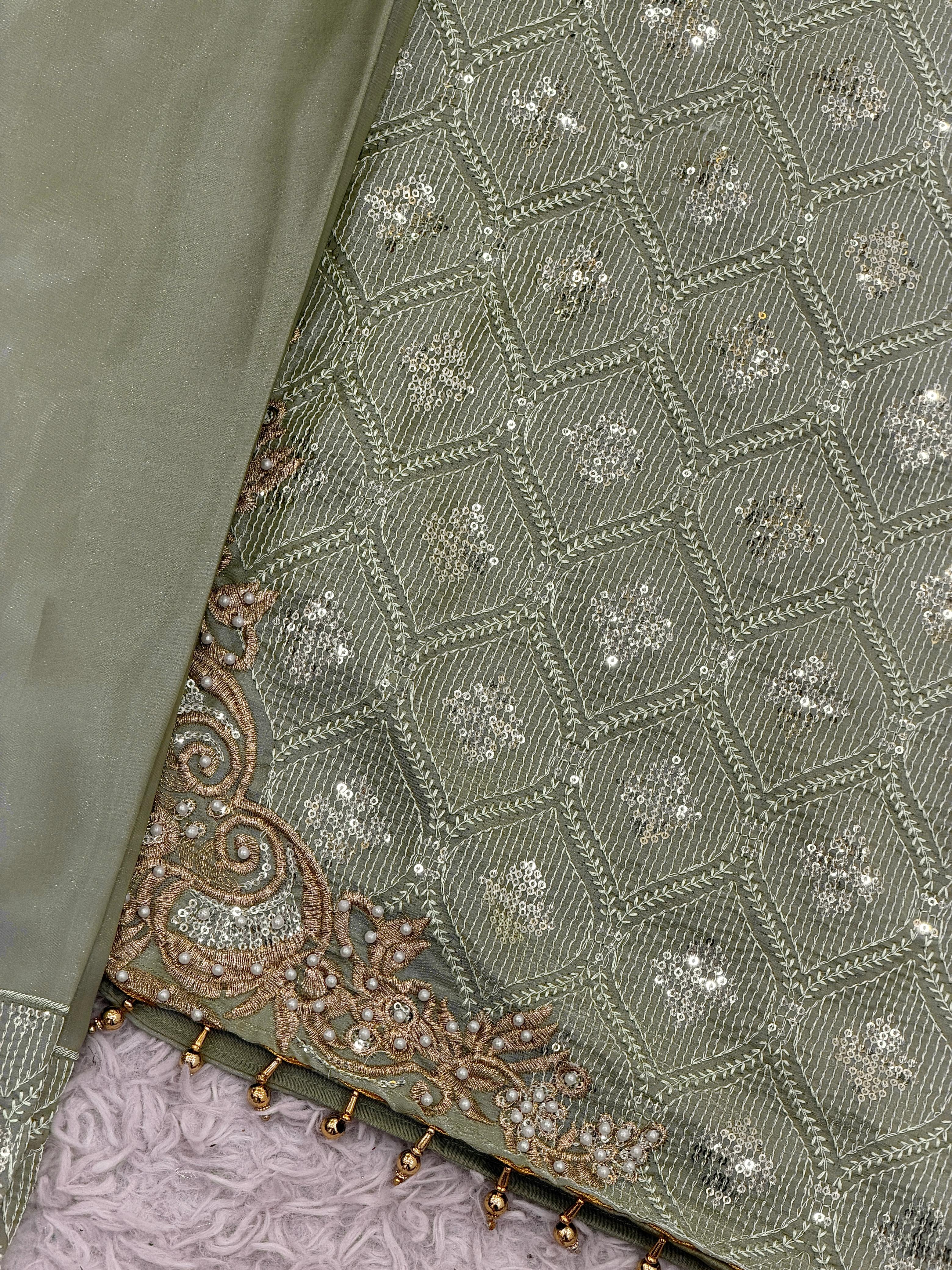 Festive Wear Olive Green Embroidered Suit Set