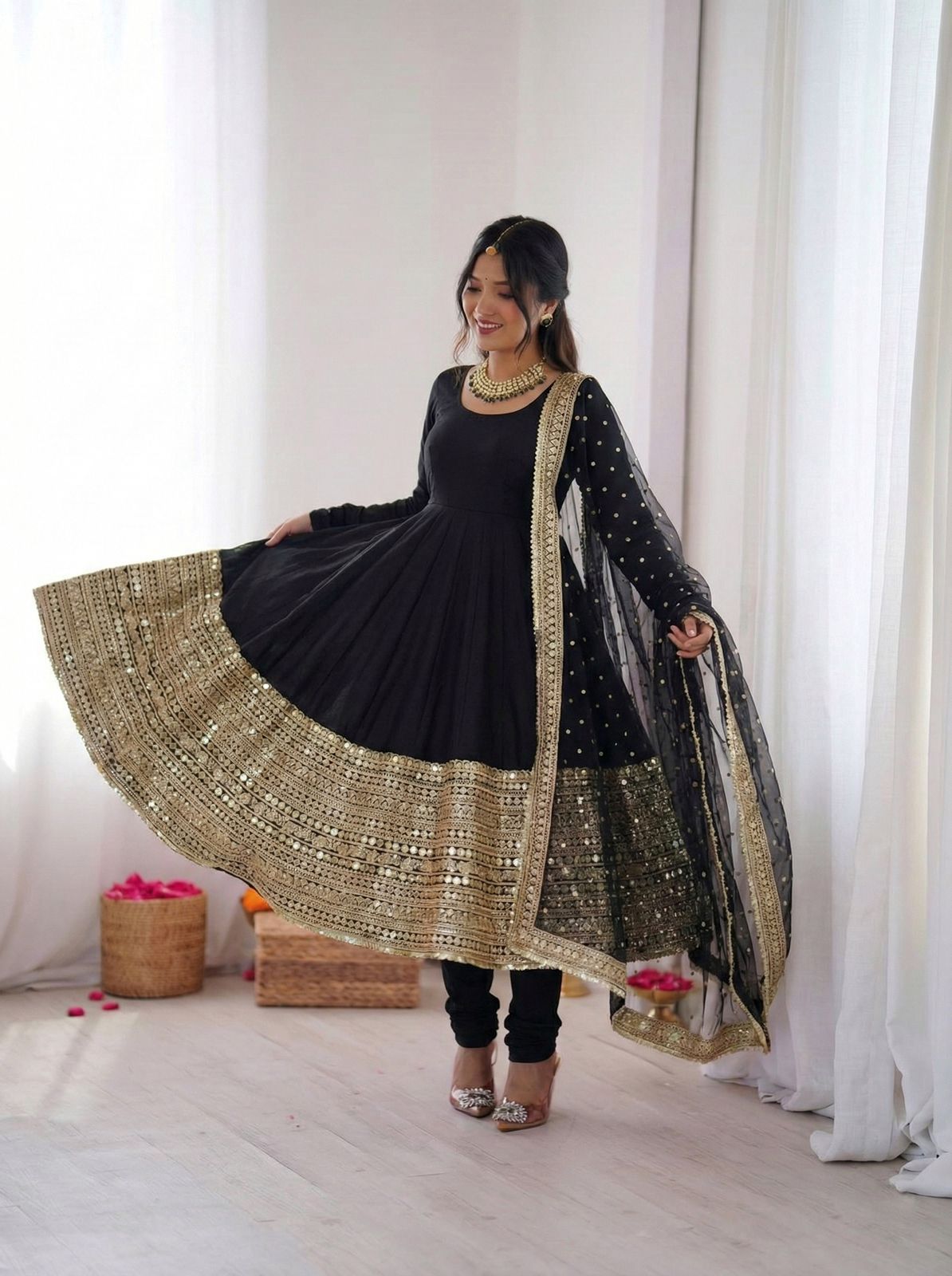 Black Silk Gown With bottom & Dupatta